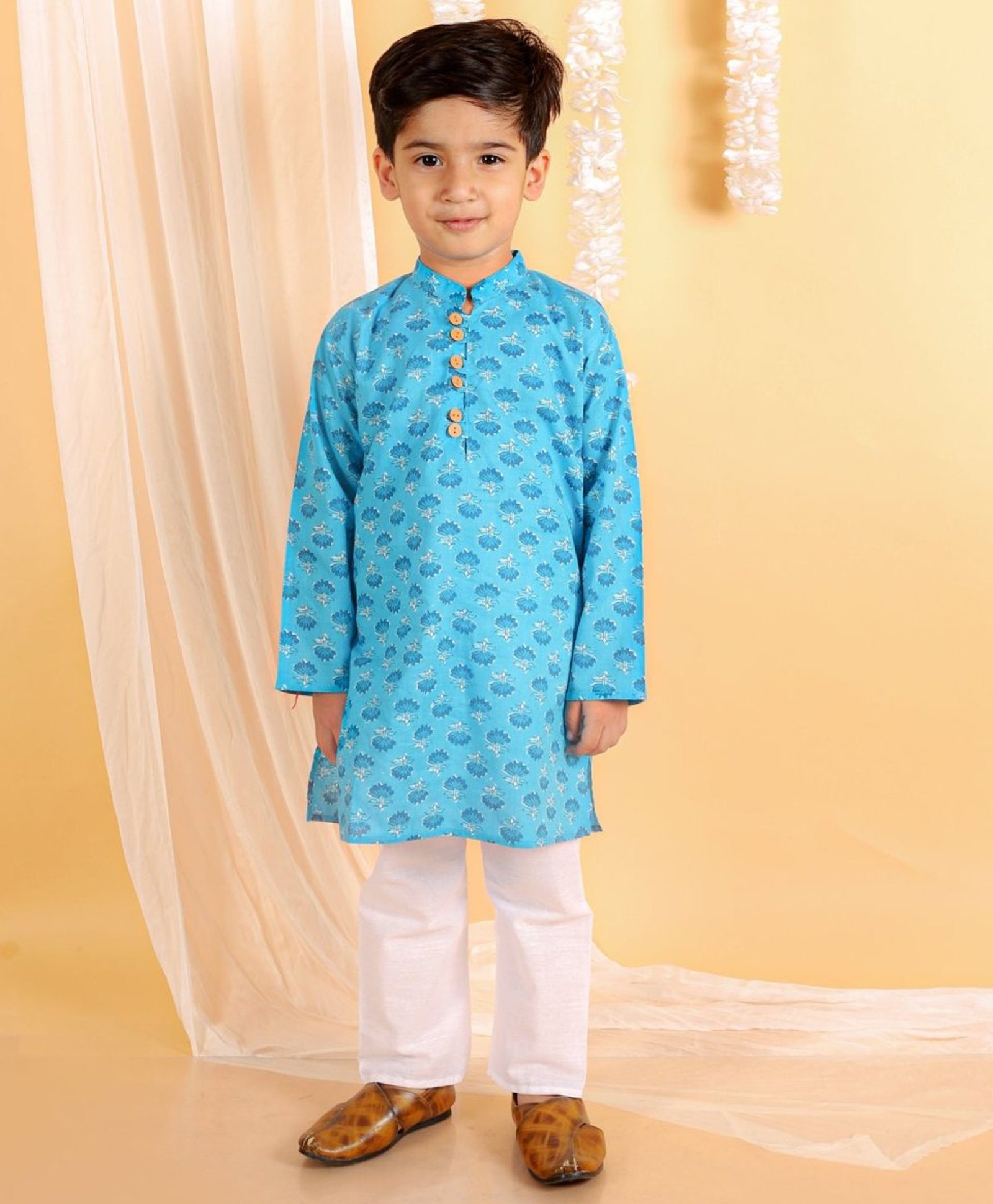 The Mom Store Cotton Full Sleeves Floral Printed Kurta Pyjama Set - Blue-picture-39