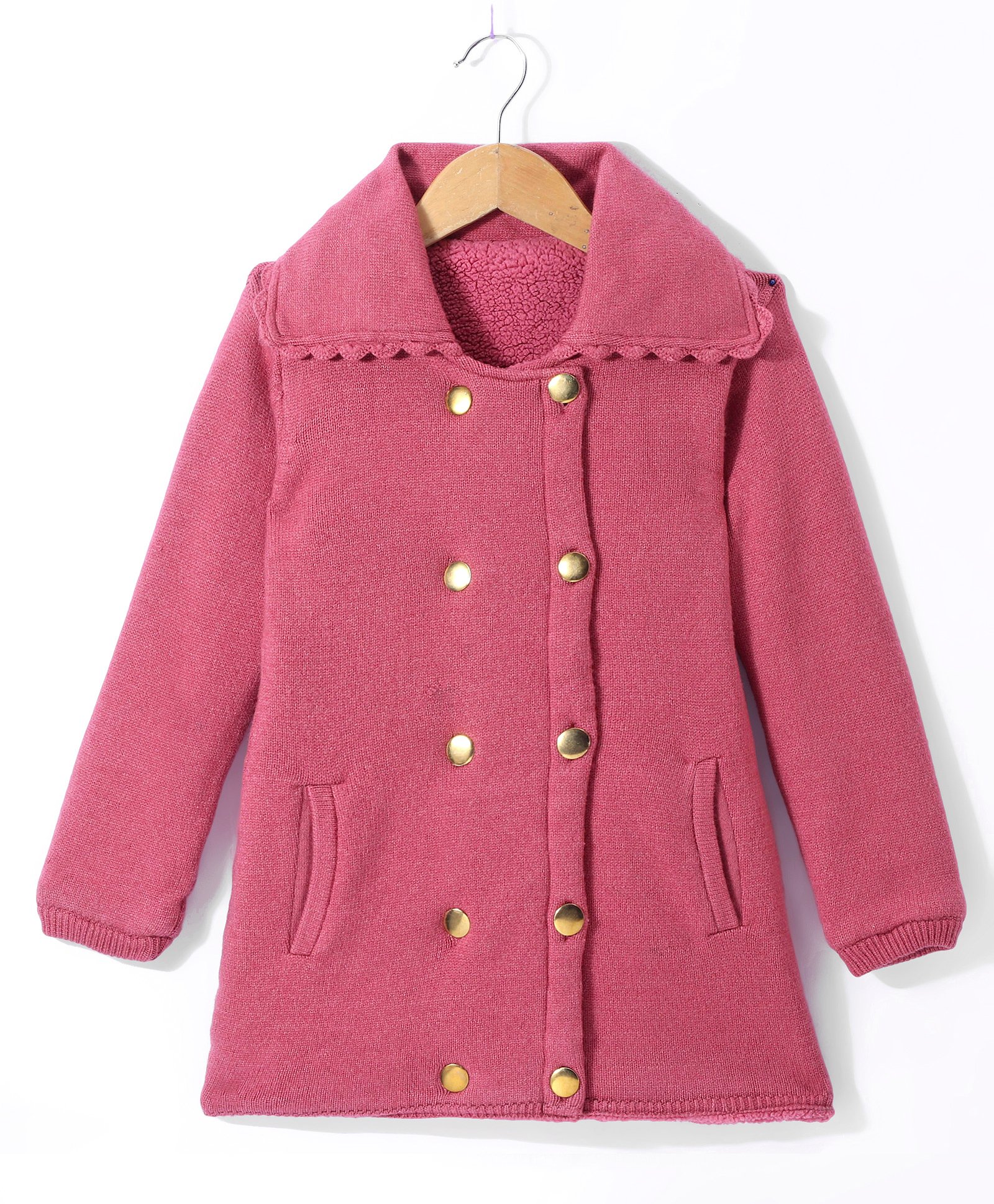 Yellow Apple Viscose Knit Full Sleeves Collared Neck Solid Colour Winter Coat - Pink-picture-27