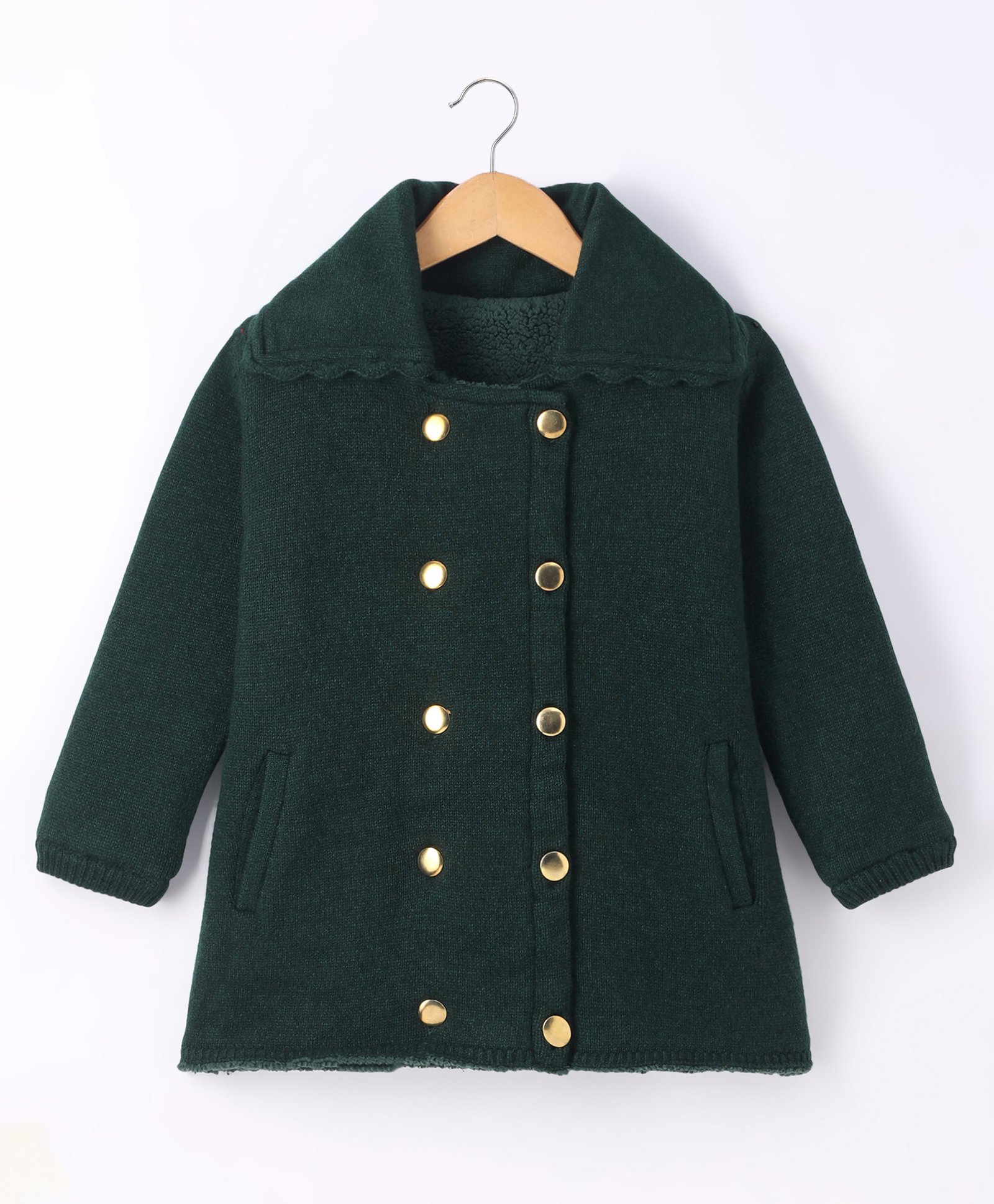 Yellow Apple Viscose Knit Full Sleeves Collared Neck Solid Colour Winter Coat - Olive Green-image-29