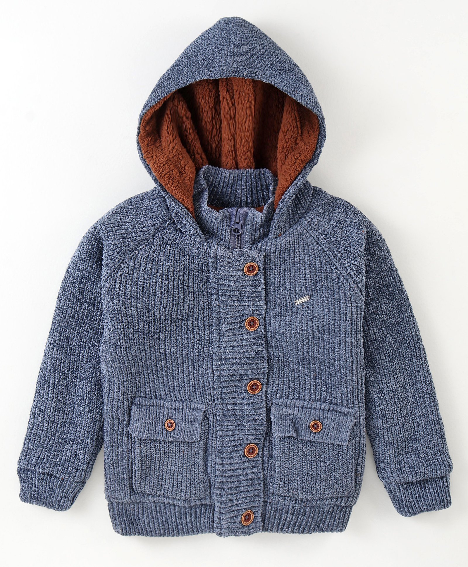 Yellow Apple Knitted Full Sleeves Hooded Solid Colour Sweatjacket - Blue-picture-17