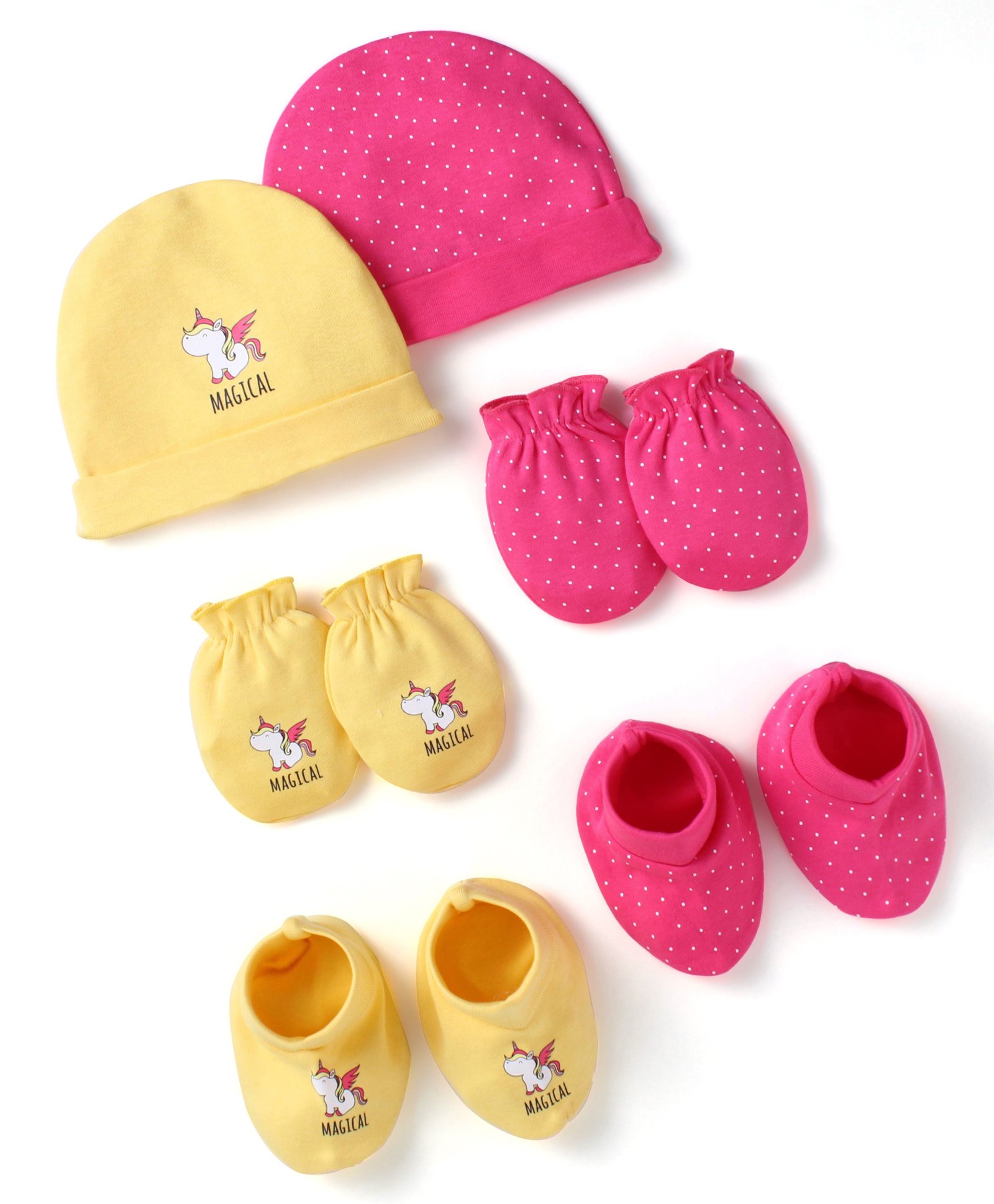 Doodle Poodle Interlock Knit Caps Mittens & Booties with Unicorn & Polka Dots Print Pack of 2- Dark Pink & Yellow-image-31