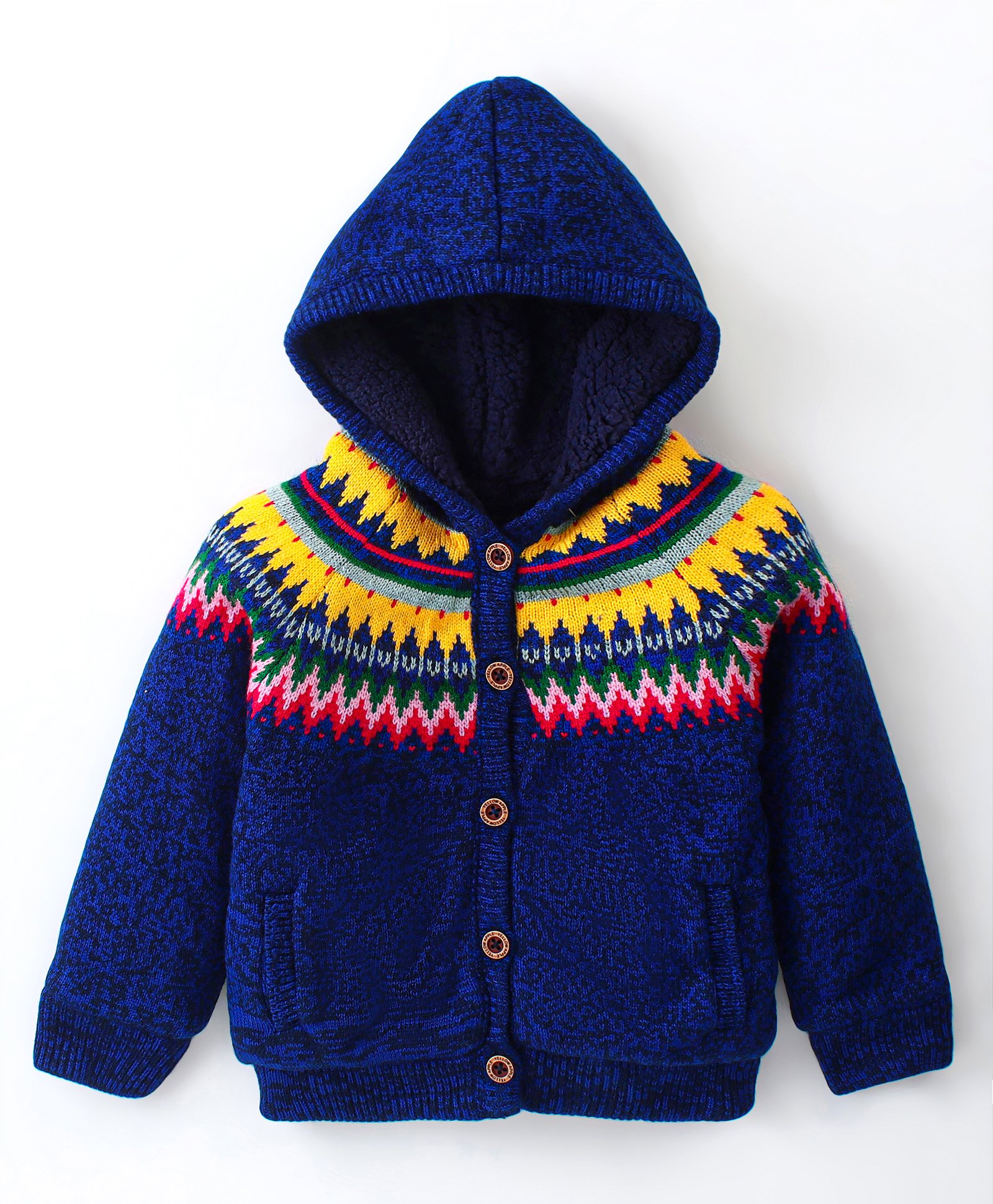 Yellow Apple Knit Full Sleeves Front Open Hooded Sweater Chevron Design - Royal Blue-image-30