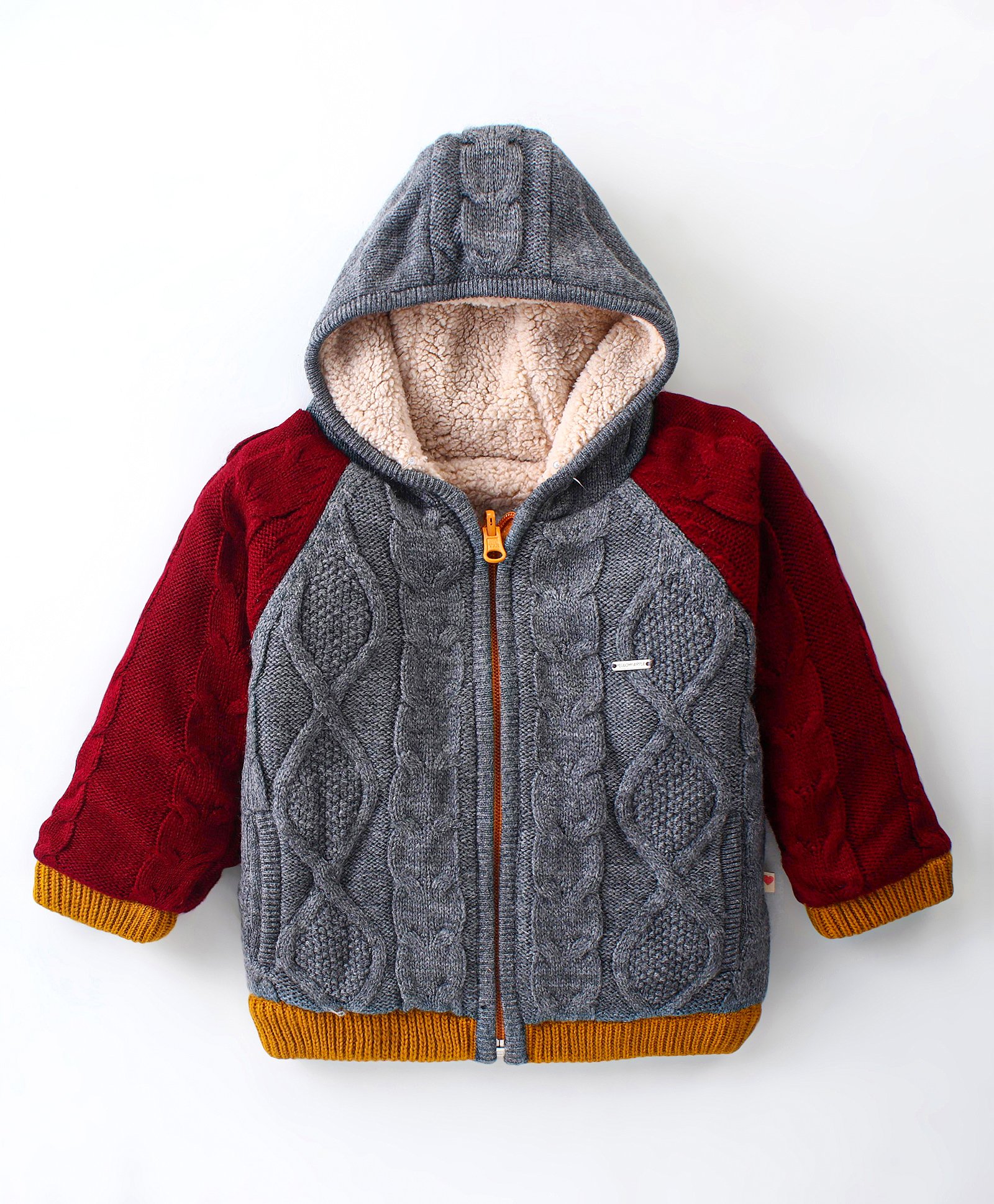 Yellow Apple Knit Full Raglan Sleeves Front Open Hooded Sweater with Cable Knit Design - Grey-picture-30