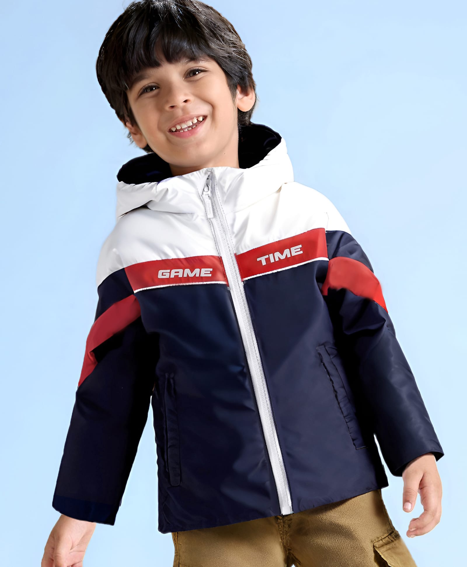 Babyhug Woven Full Sleeves Text Printed Hooded Padded Jacket With Colour Block Design - White & Navy-picture-24