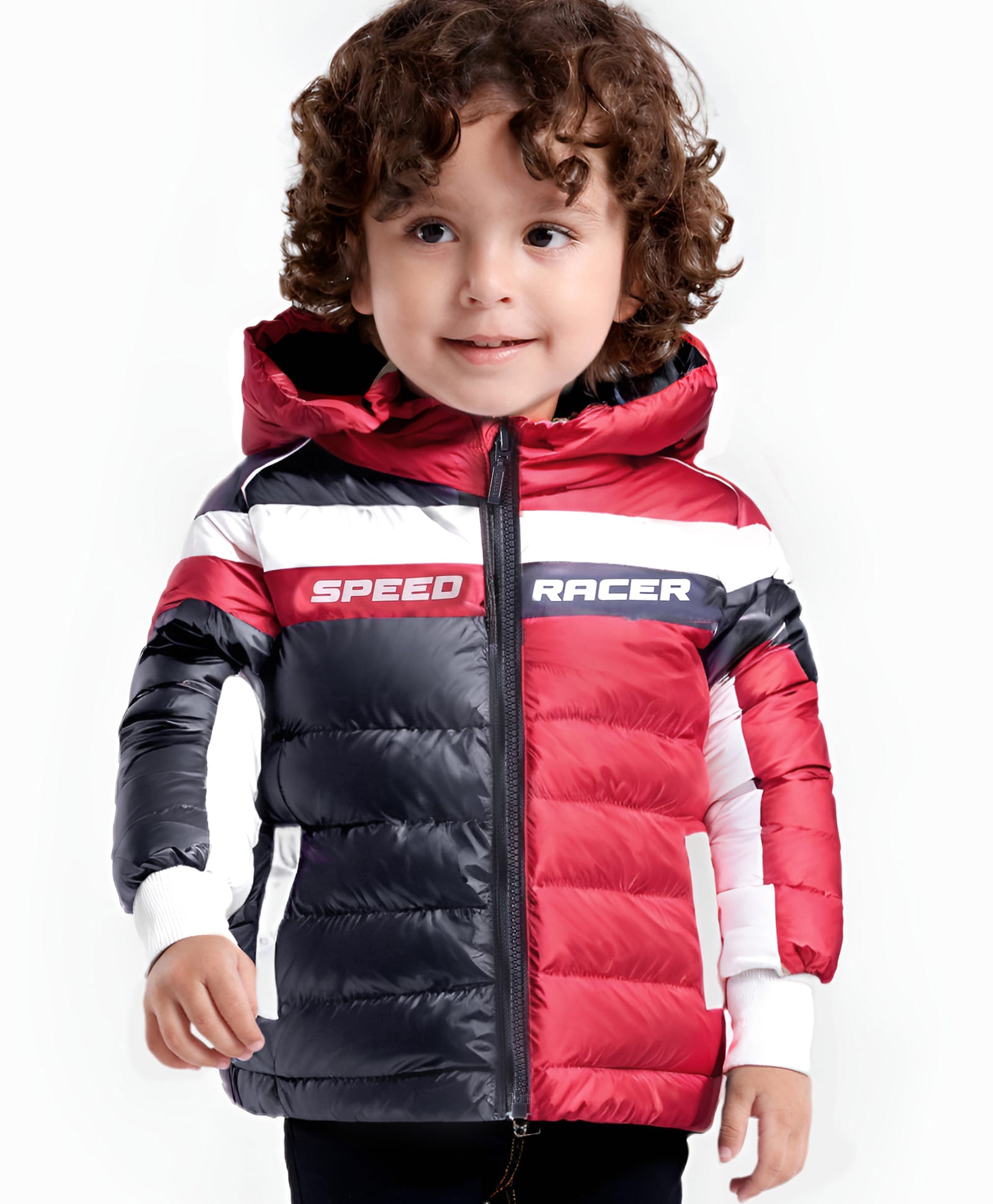 Babyhug Woven Full Sleeves Hooded Padded Jacket With Text Print & Colour Block Design - Red & Navy Blue-image-27