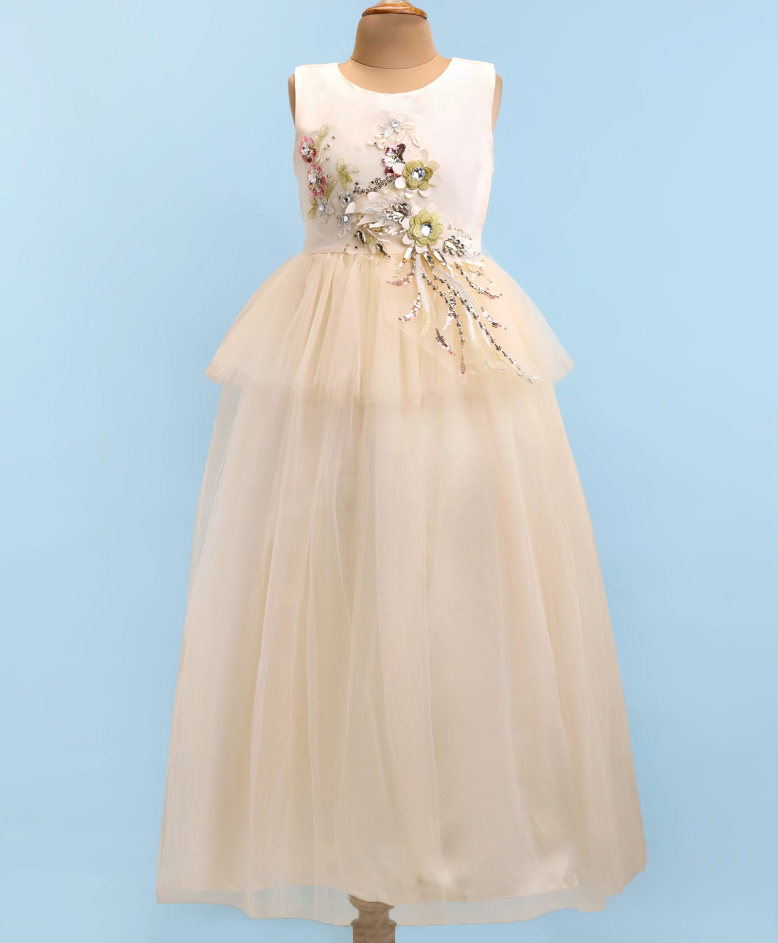 Mark & Mia Sleeveless Party Gown With Sequins & Floral Embroidery- Cream-image-22
