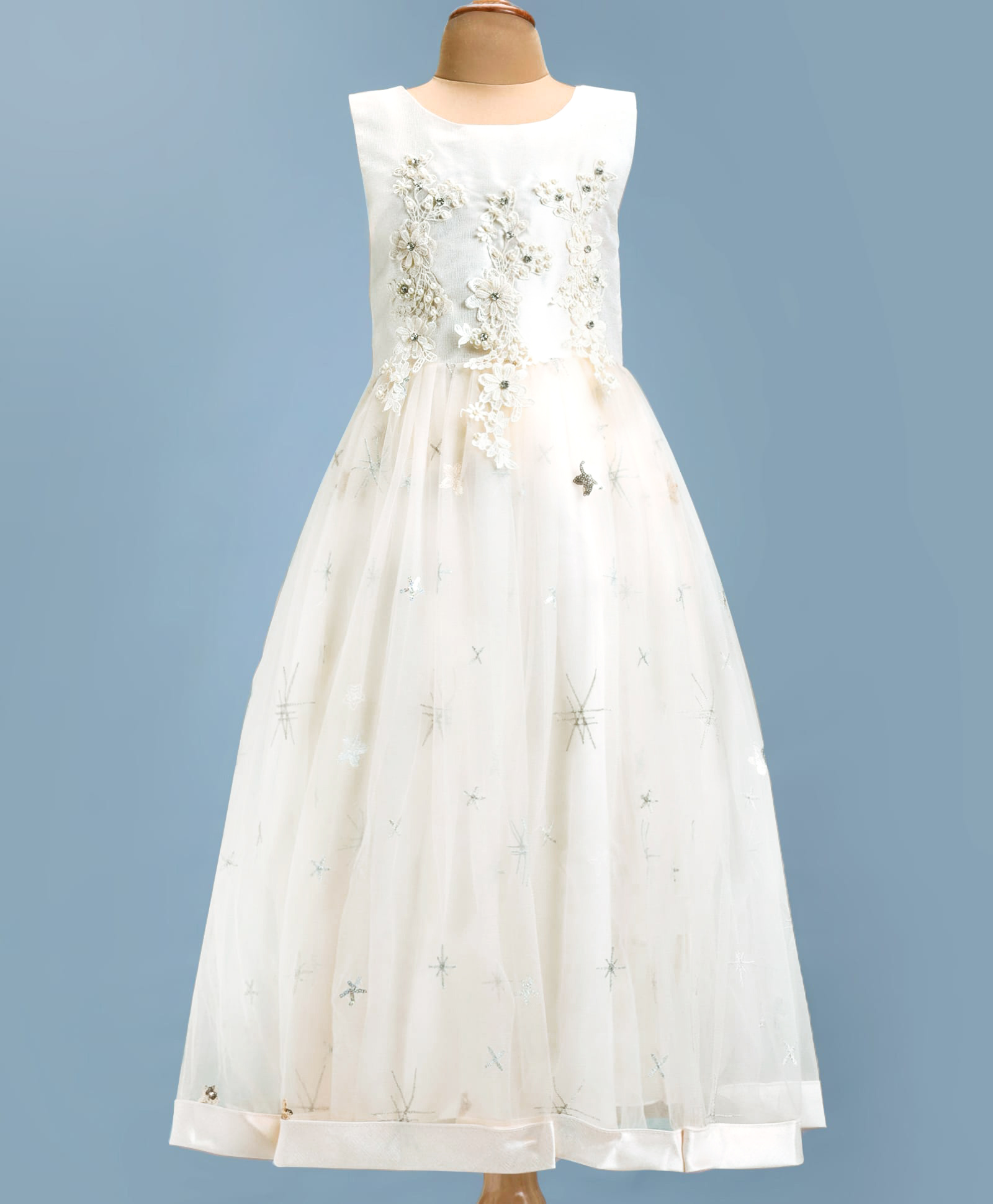 Mark & Mia Sleeveless Party Gown with Floral Embroidery & Sequined Detailing - White-image-17