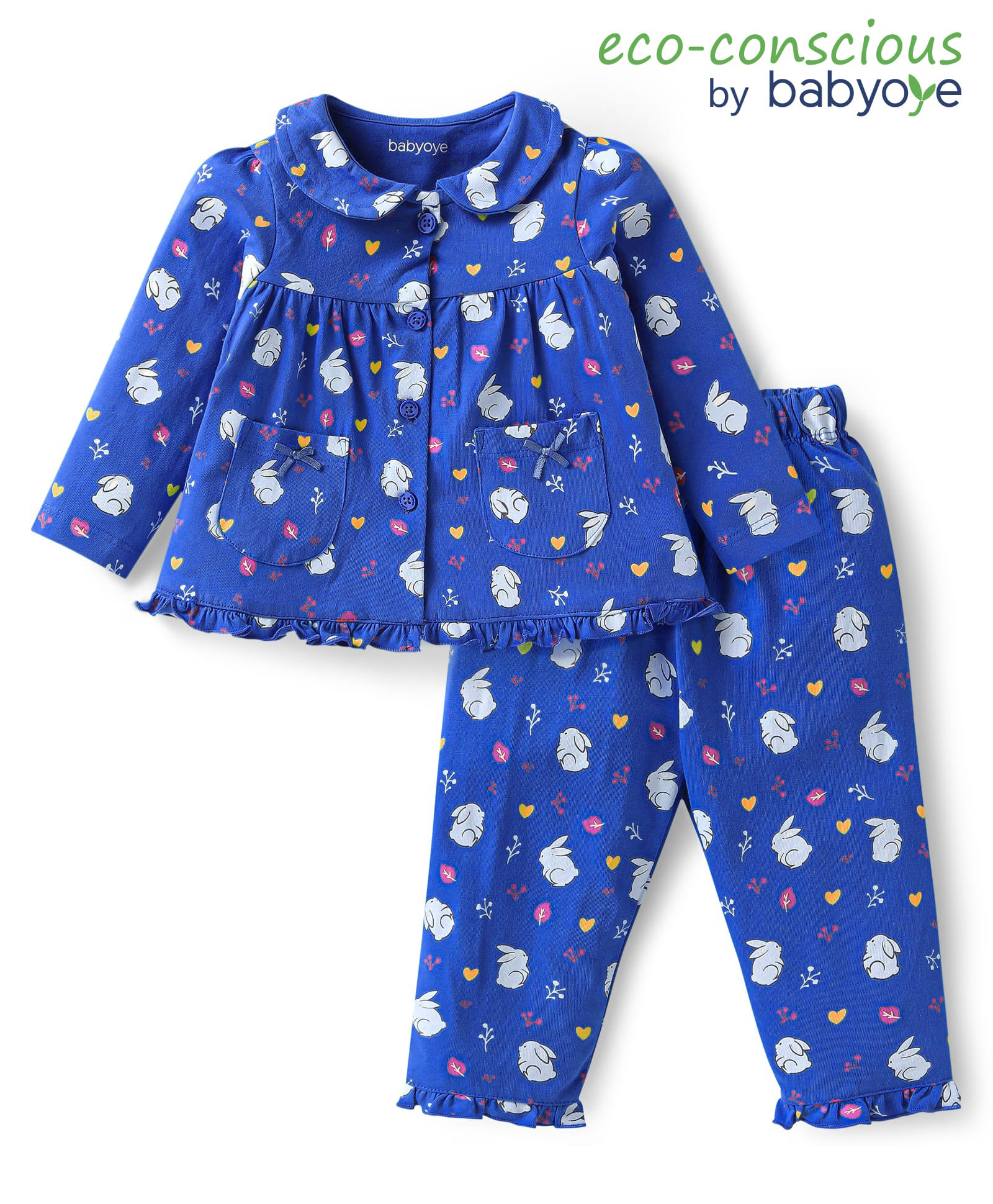 Babyoye Cotton Knit Full Sleeves Night Suit With Bunny Print - Blue-picture-5