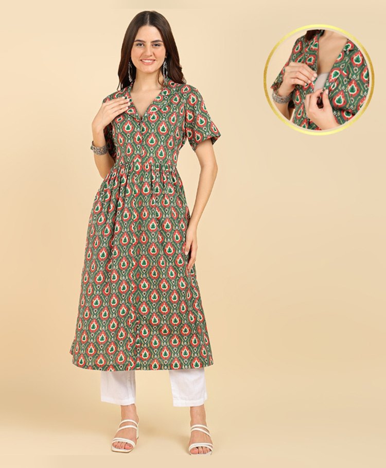 Zelena Cotton Half Sleeves Floral Printed Zipless Maternity Anarkali Kurta - Green-image-9