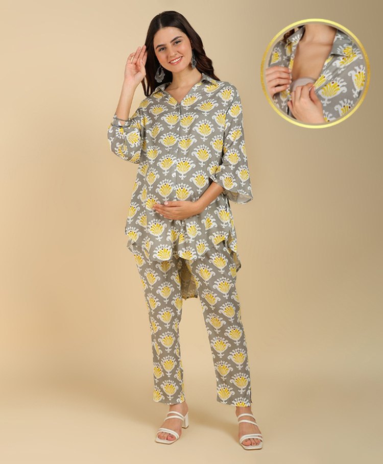 Zelena Rayon Woven Three Fourth Sleeves Abstract Printed Shirt Style Maternity Co Ord Set With Nursing Access - Grey-image-19