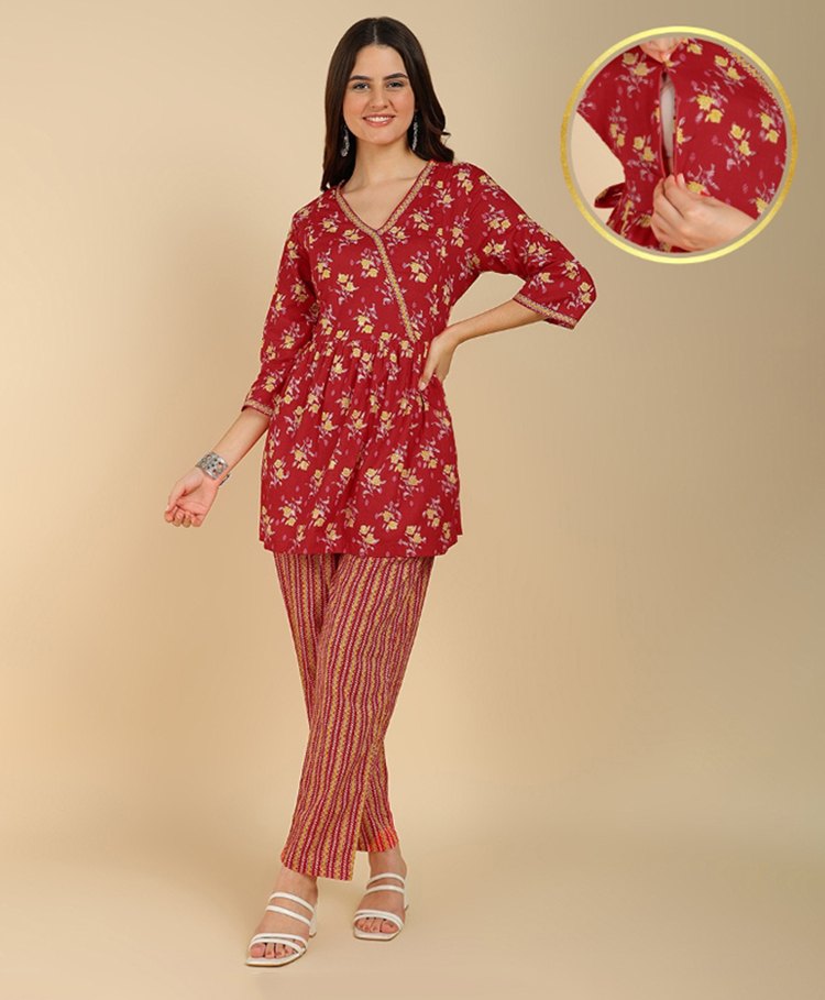 Zelena Cotton Woven Three Fourth Sleeves Floral Printed Maternity Co Ord Set With Concealed Zipper Nursing Access - Red-picture-23