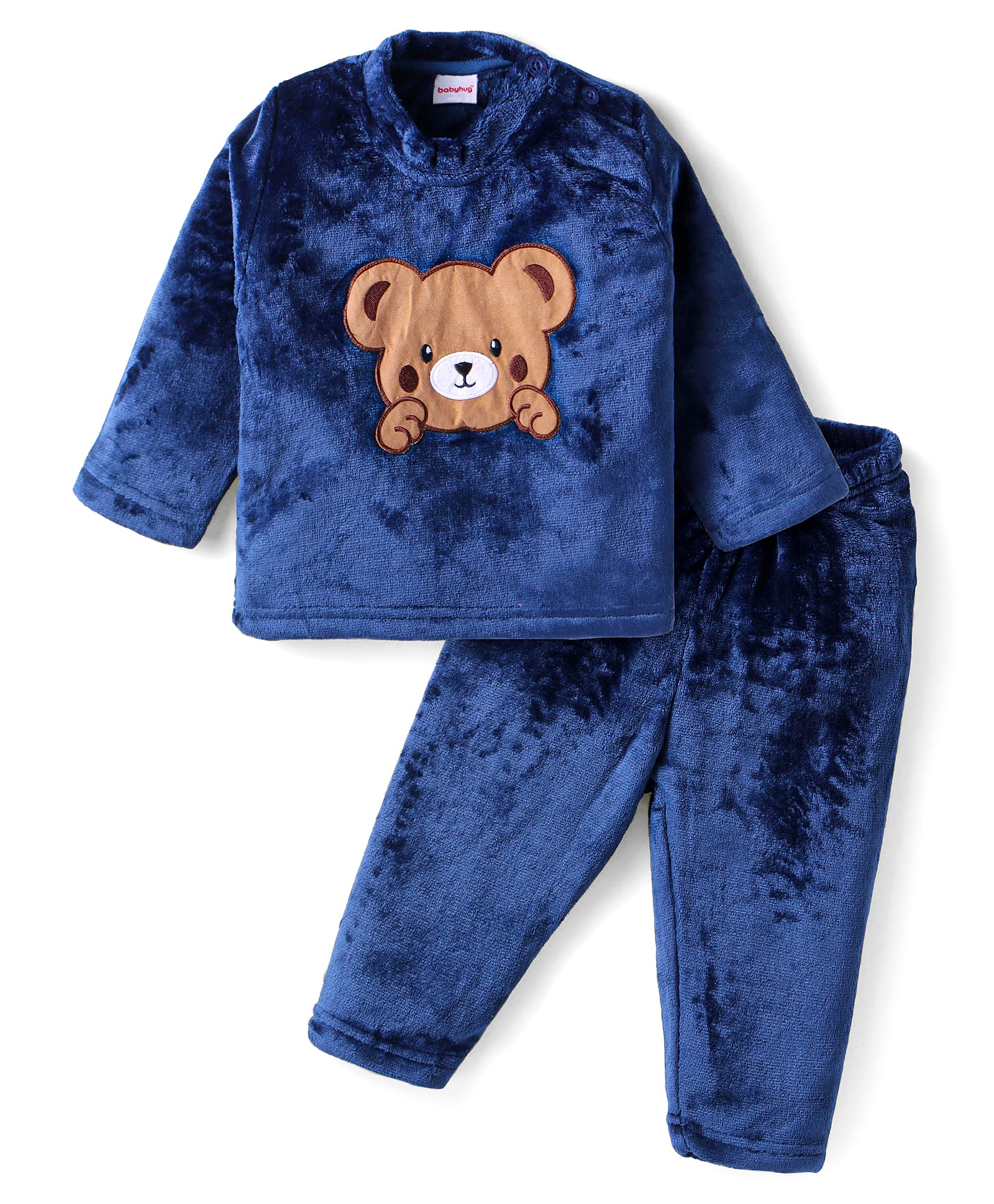 Babyhug Woven Full Sleeves Winter Wear Solid Colour Fur T-Shirt & Joggers Set with Bear Patch- Navy Blue-picture-23
