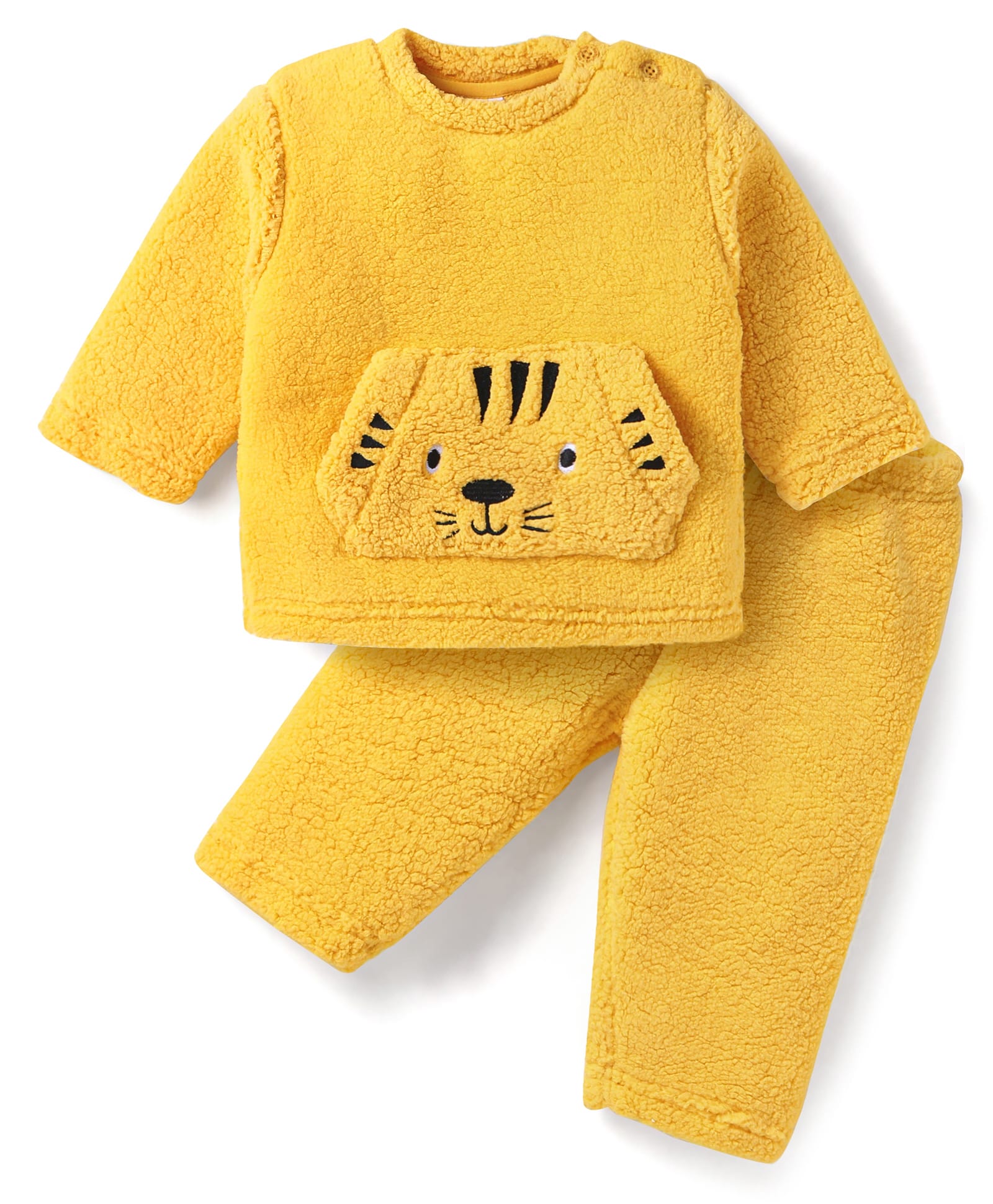 Babyhug Woven Full Sleeves Fur Winter Wear T-Shirt & Joggers Set with Bear Embroidery & Kangaroo Pockets -Yellow-image-27