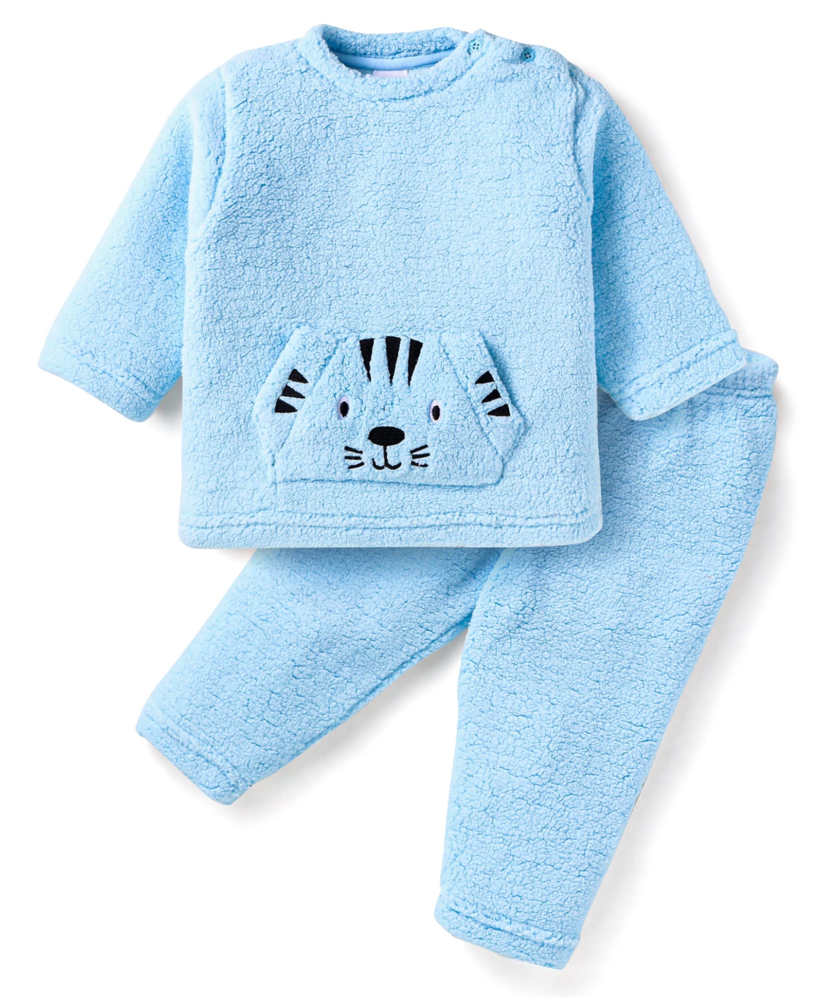 Babyhug Woven Full Sleeves Fur Winter Wear T-Shirt & Joggers Set with Bear Embroidery & Kangaroo Pockets -Light Blue-image-29