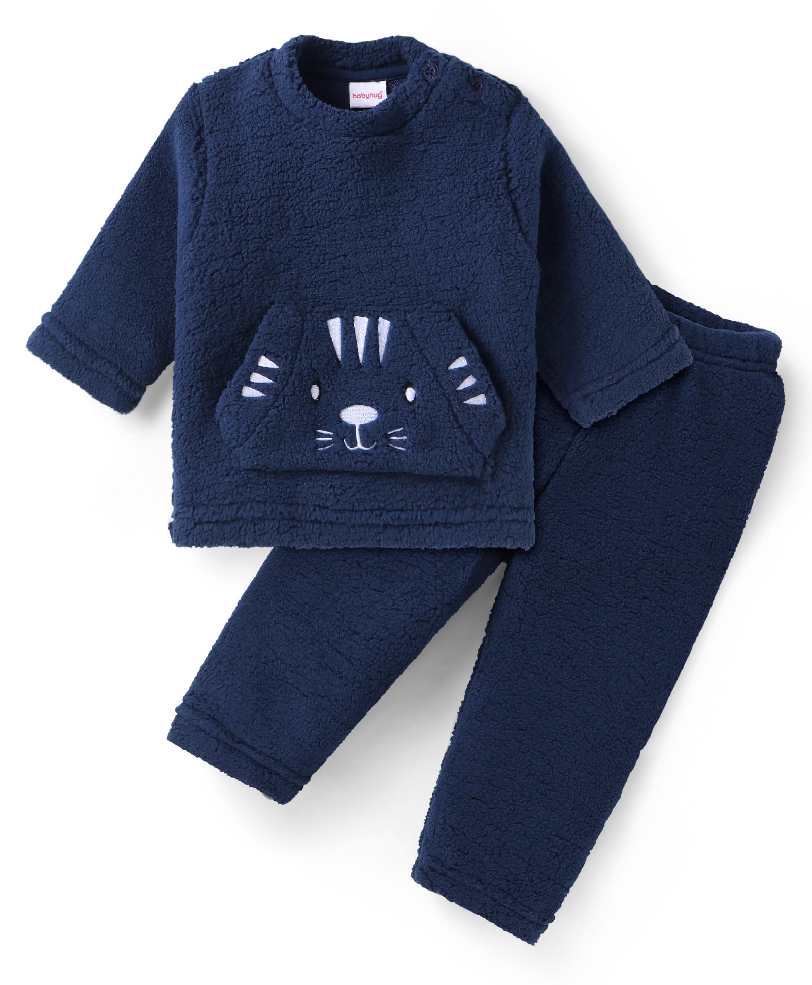 Babyhug Woven Full Sleeves Fur Winter Wear T-Shirt & Joggers Set with Bear Embroidery & Kangaroo Pockets -Navy Blue-picture-24