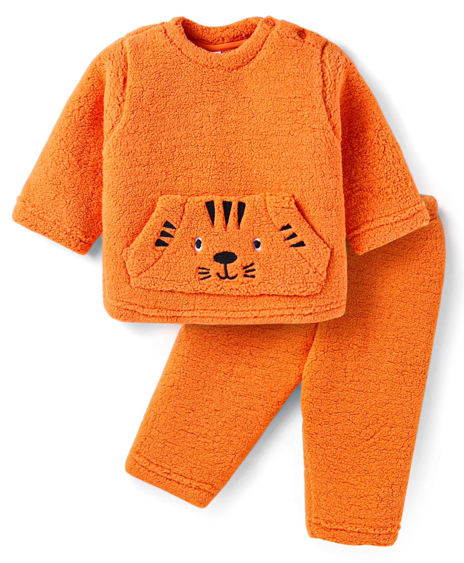 Babyhug Woven Full Sleeves Fur Winter Wear T-Shirt & Joggers Set with Bear Embroidery & Kangaroo Pockets -Orange-image-28