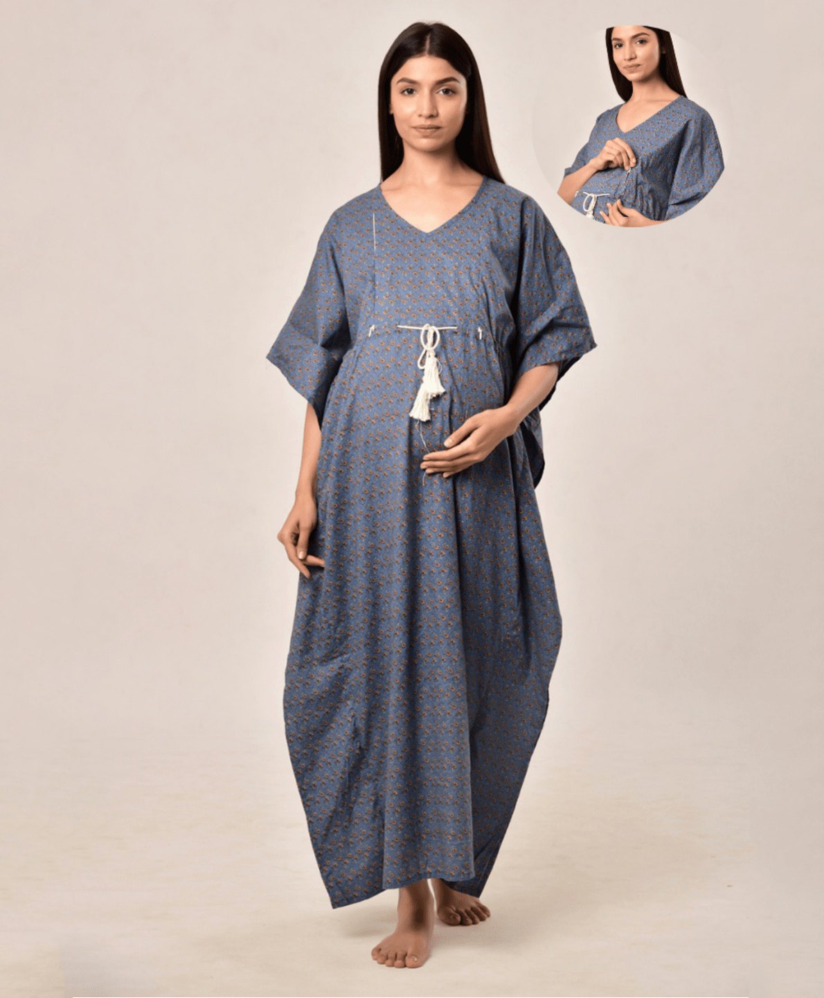 CRAFIQA Cotton Bat Wing Sleeves Floral Printed Maternity Kaftan With Side Seam Concealed Zipper Access - Blue-image-5