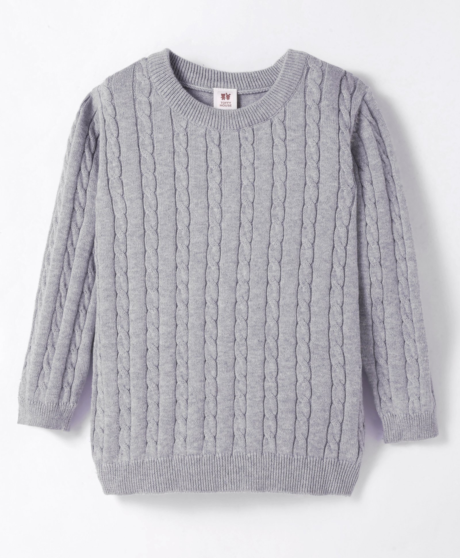 ToffyHouse Cotton Knit Full SleevesSolid T-Shirt with Cable Knit Design - Light Grey-picture-4