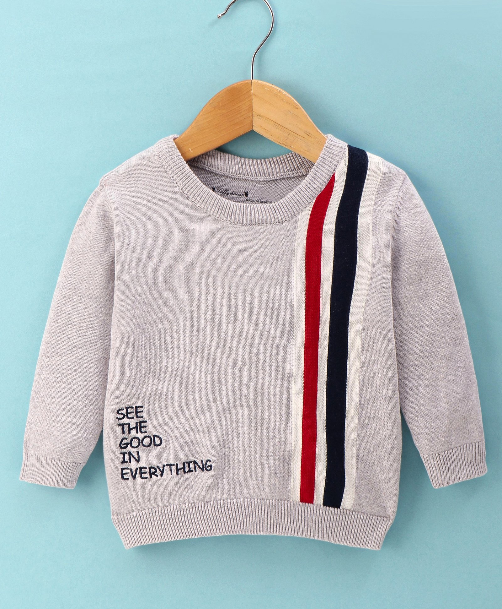 ToffyHouse 100% Cotton Flat Knit Full Sleeves Striped T-Shirt with Text Embroidery - Light Grey-image-47