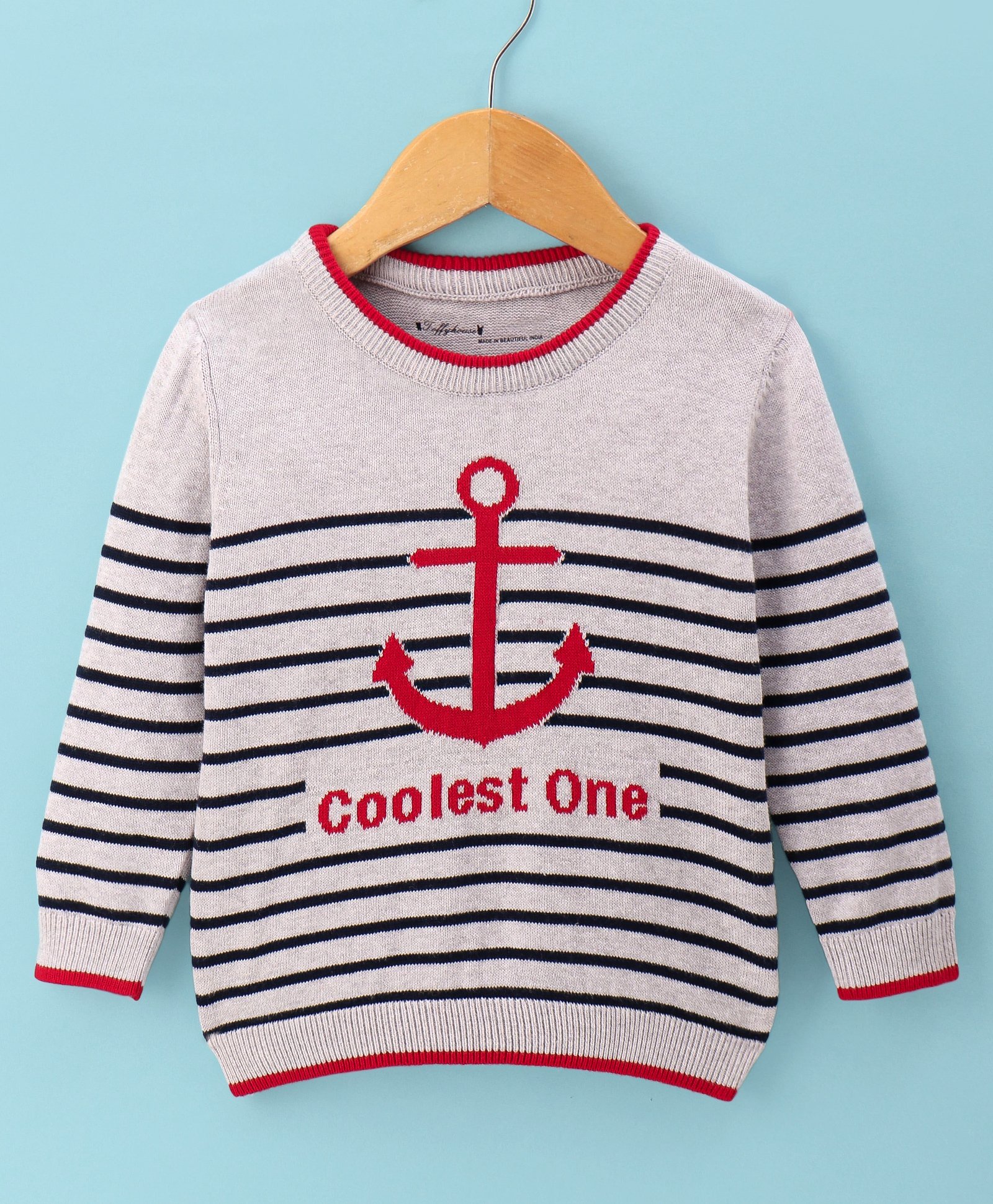 ToffyHouse 100% Cotton Flat Knit Full Sleeves Striped T-Shirt with Anchor & Text Print - Light Grey-image-46