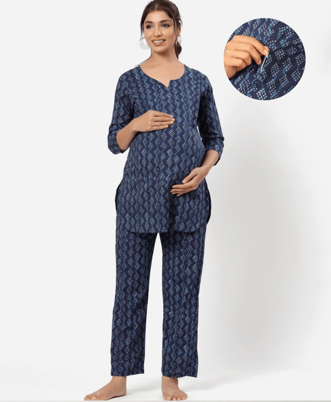 CRAFIQA Cotton Three Fourth Sleeves Abstract Printed Maternity Night Suit With Concealed Zipper Nursing Access - Indigo Blue-picture-16