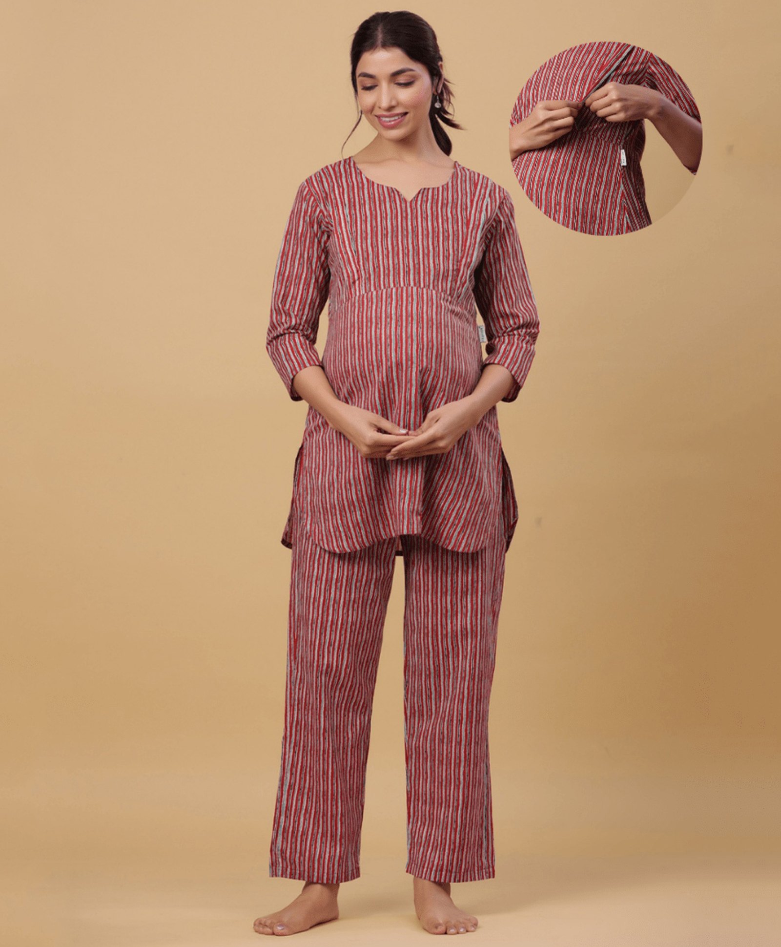 CRAFIQA Cotton Three Fourth Sleeves Abstract Printed Nursing Maternity Night Suit With Concealed Zipper Nursing Access - Red-image-40