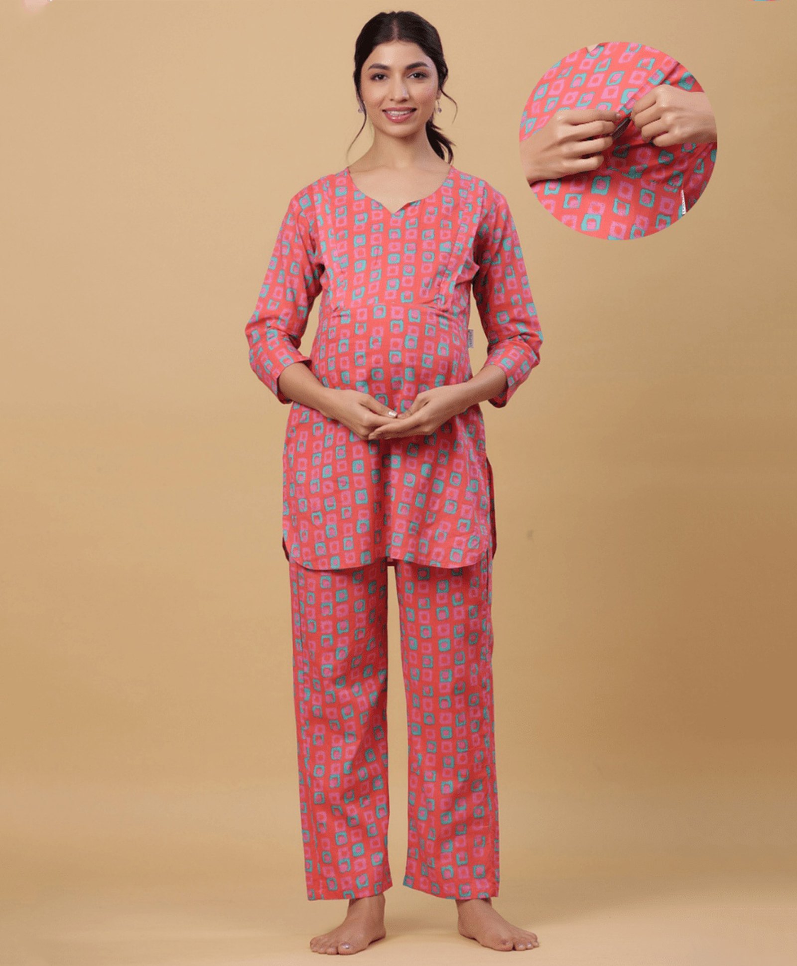 CRAFIQA Cotton Three Fourth Sleeves Floral Printed Nursing Maternity Night Suit With Concealed Zipper Nursing Access - Pink-image-40