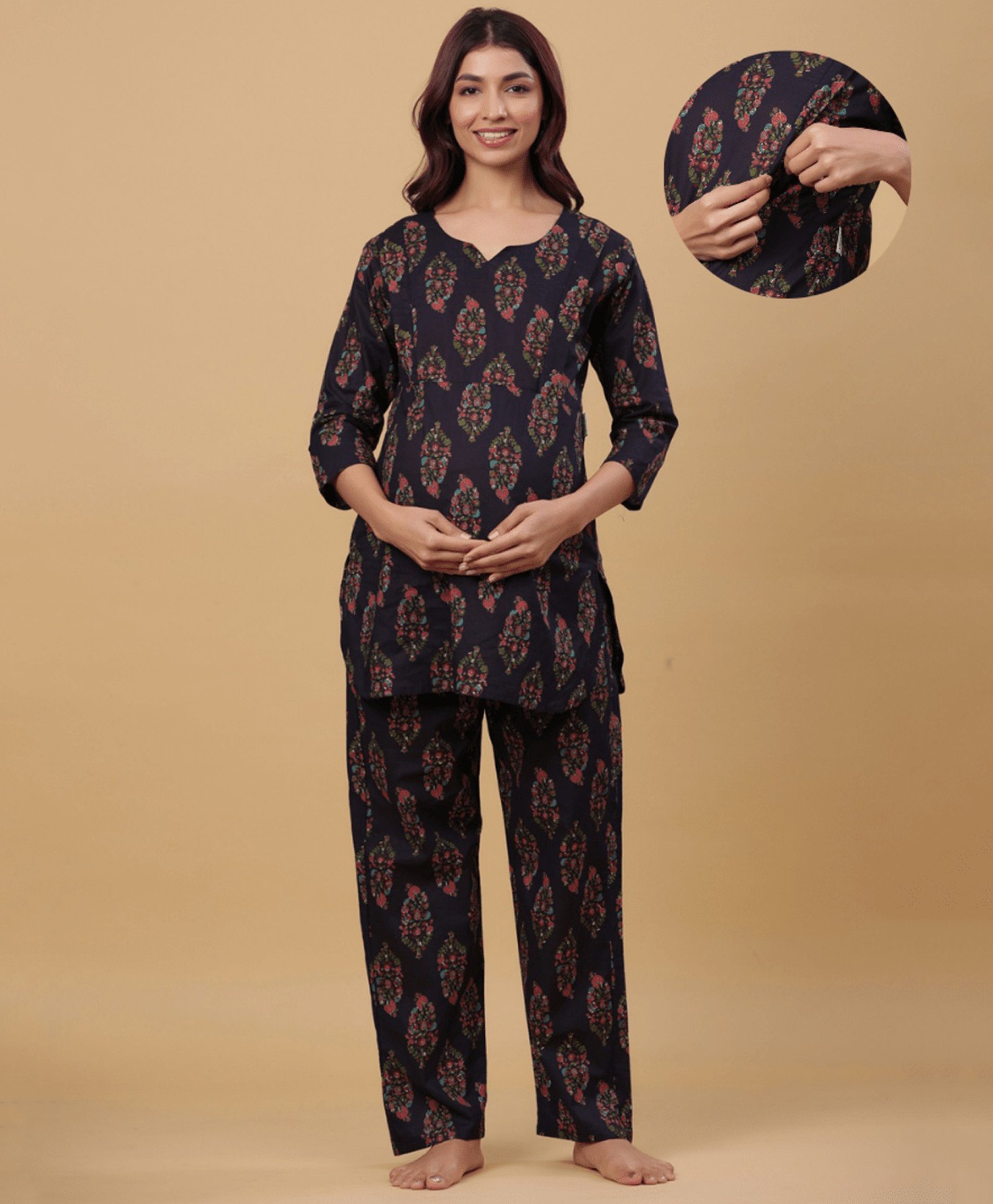 CRAFIQA Cotton Three Fourth Sleeves Floral Printed With Concealed Zipper  Nursing Access Night Suit - Black-picture-17