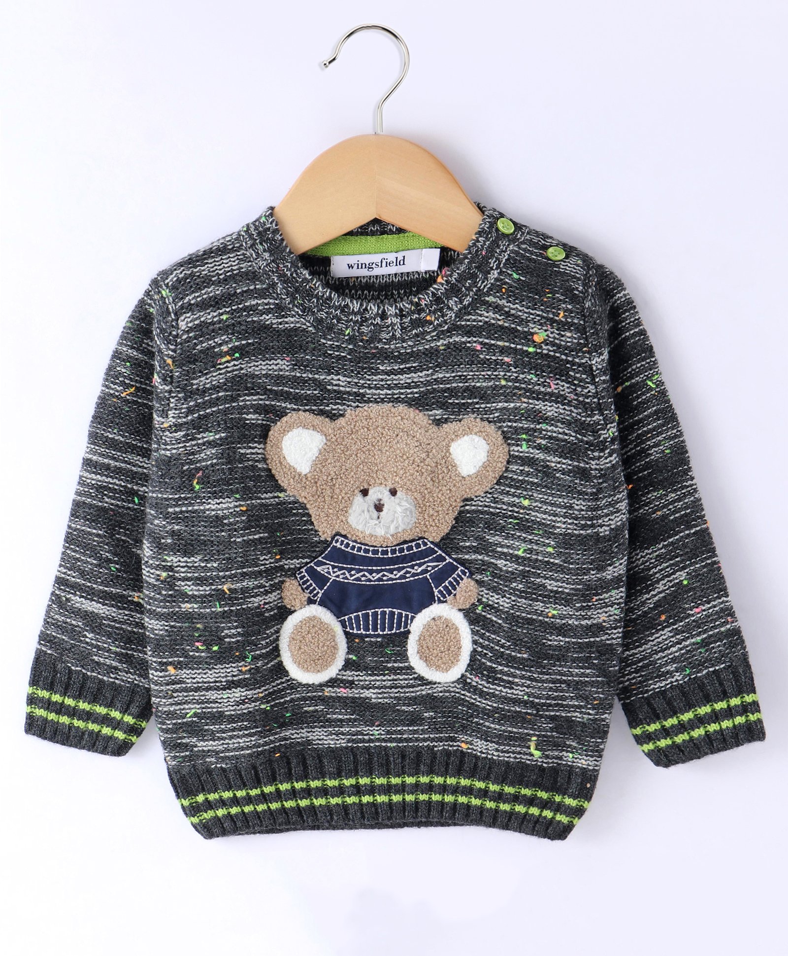 Wingsfield Full Sleeves Teddy Bear  Embroidered Sweater - Charcoal Grey-image-45