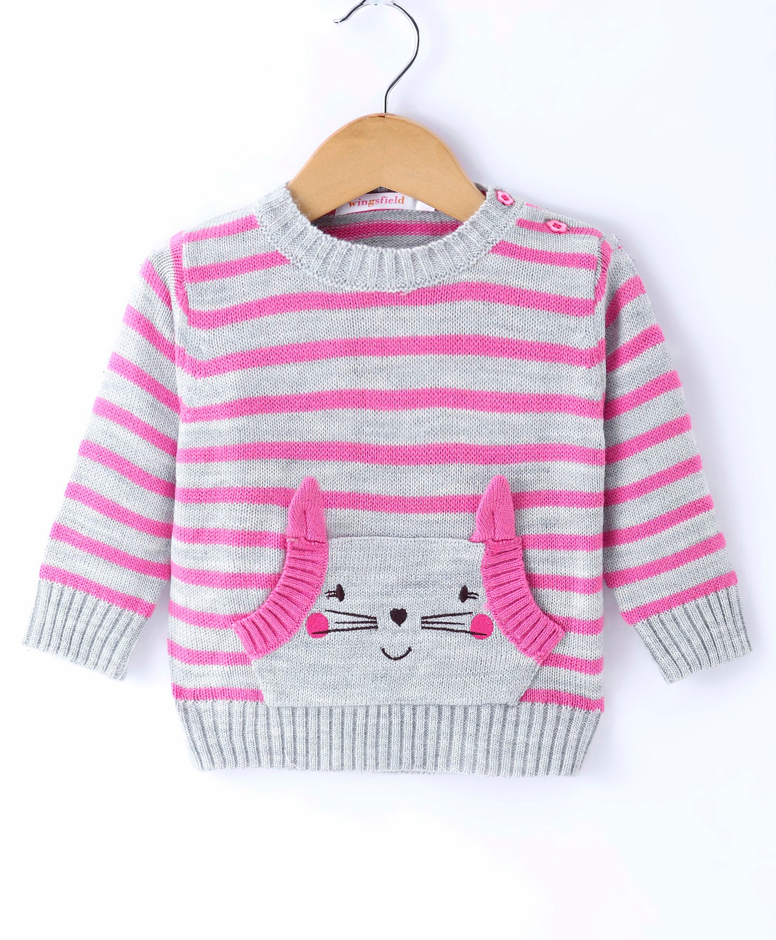 Wingsfield Full Sleeves Animal  Face Embroidered Striped Sweater - Pink-image-48