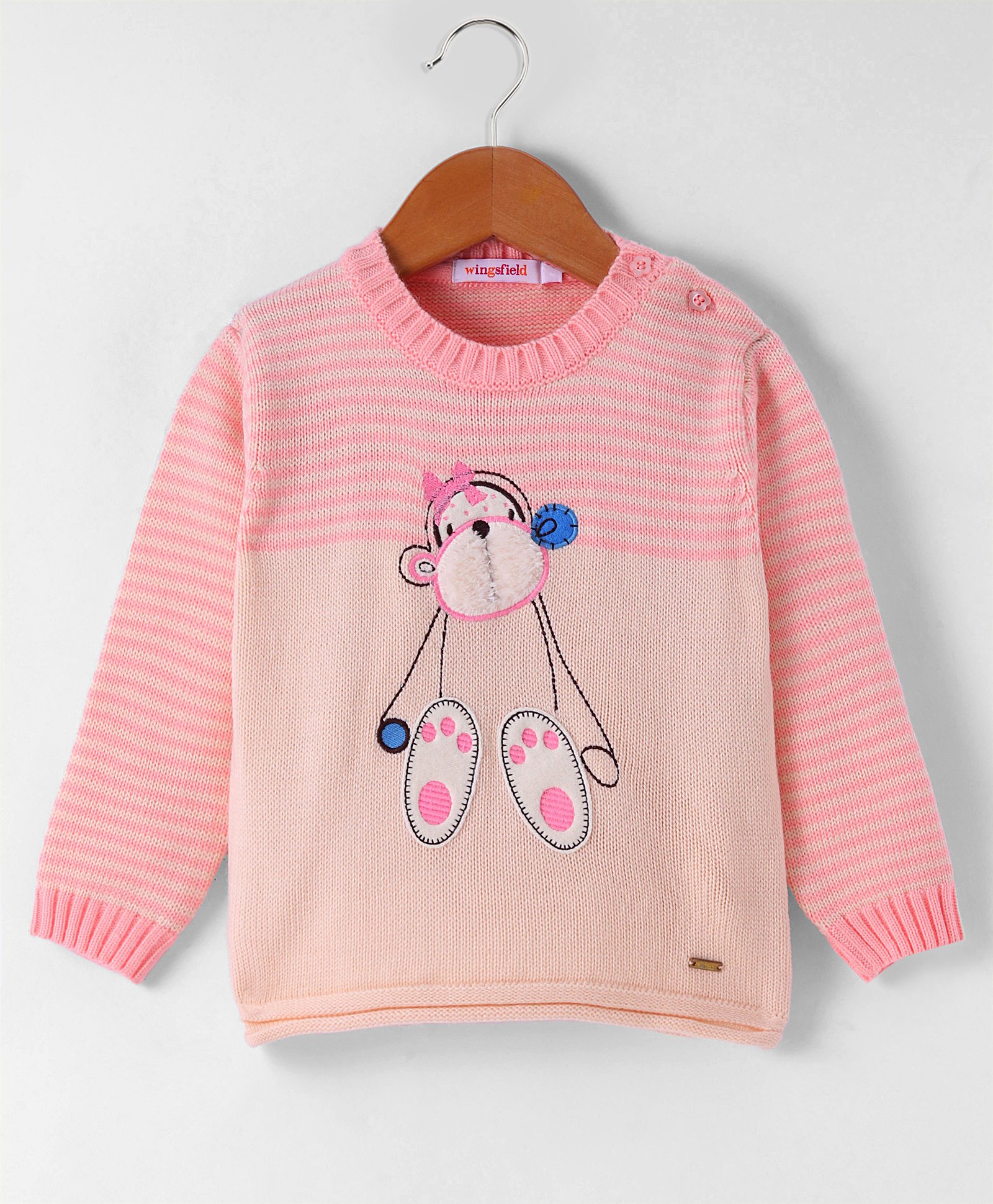 Wingsfield Full Sleeves Animal Face Embroidered Striped Sweater - Peach-picture-28