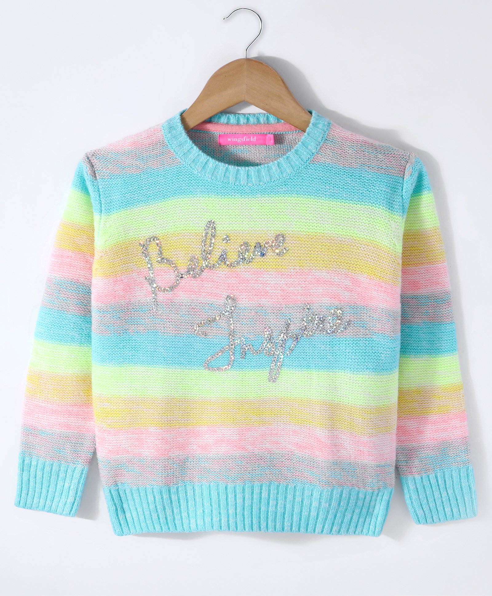 Wingsfield Full Sleeve Sequin Text Embroidered Colour Blocked Sweater - Multi Colour-image-49