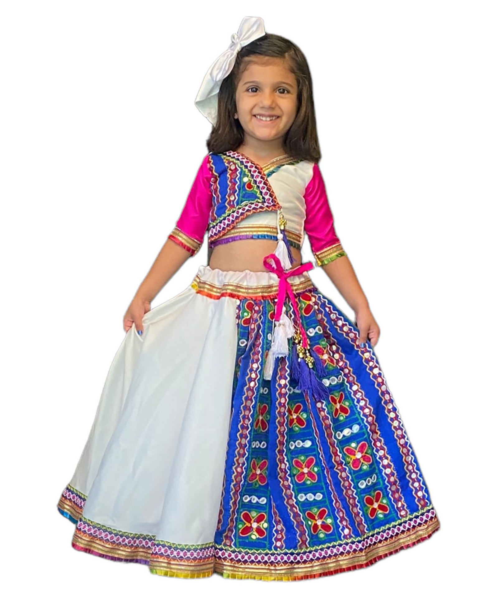 Aglare Half Sleeves Navratri Theme Lace & Mirror Work Embellished Lehenga Choli Set - Blue-image-37