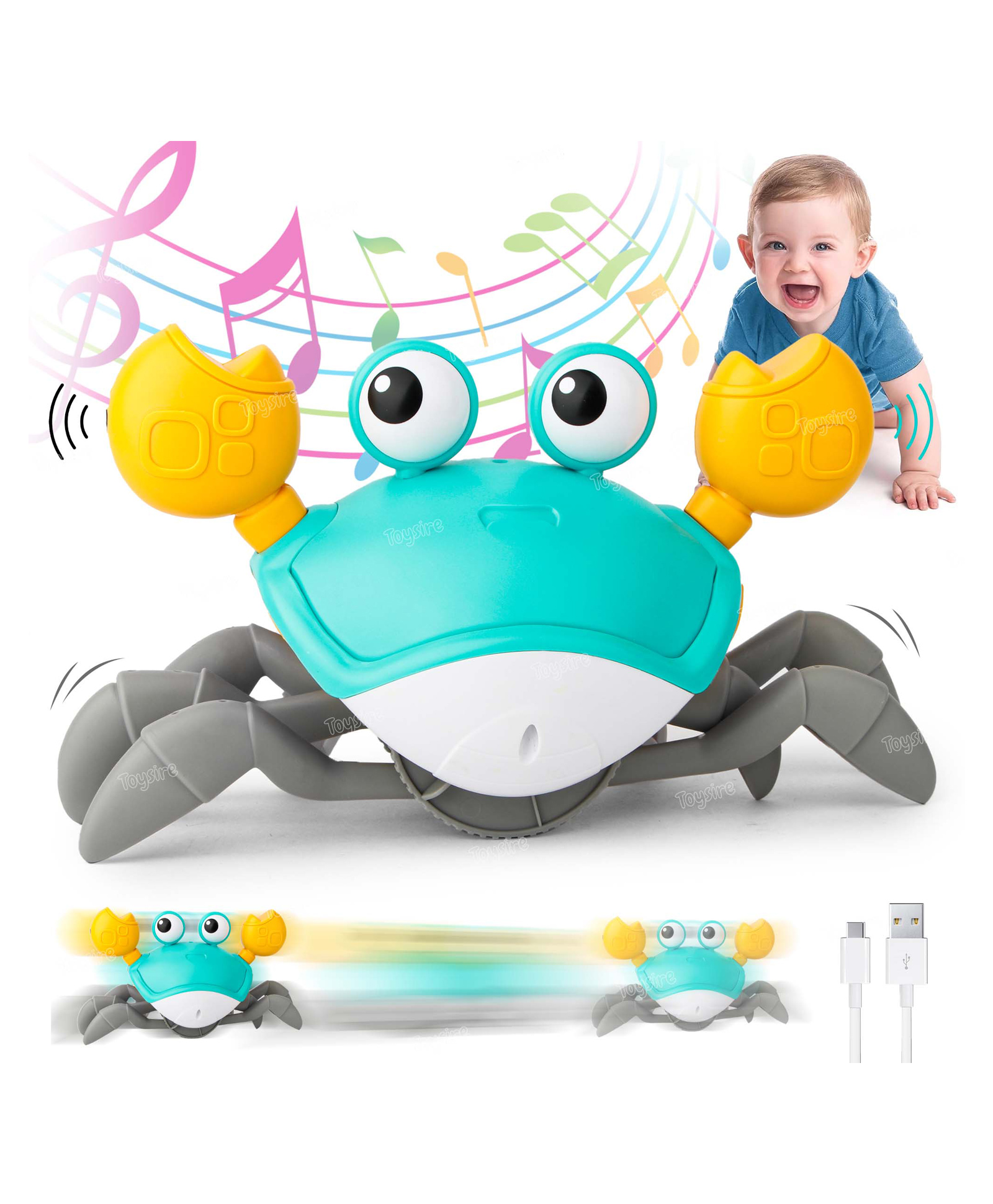 Toysire Rechargeable Baby Crawling Crab Musical Toy, Walking Crab with Light & Sound Crawling Toy with Automatically Avoid Obstacle-image-12