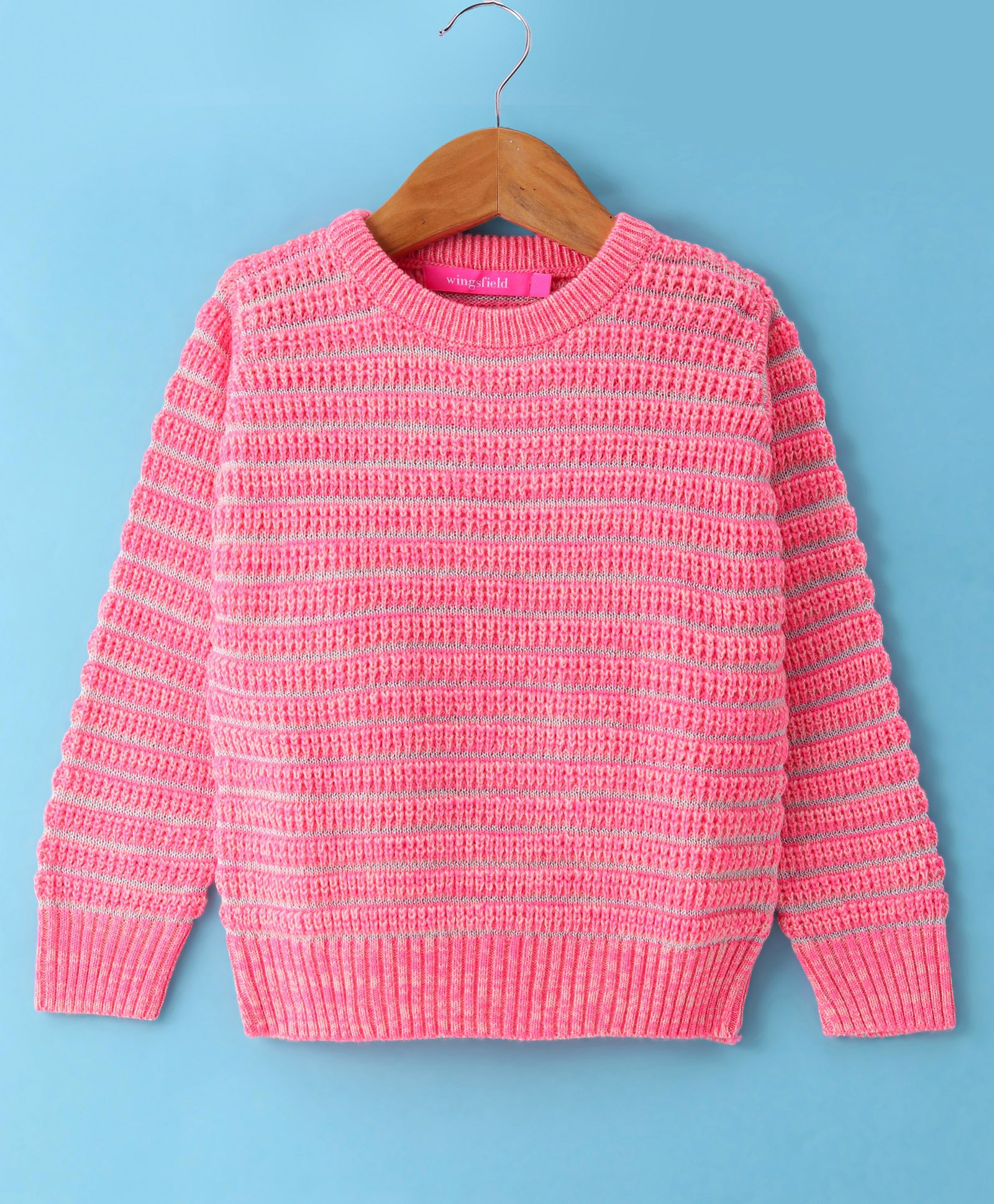 Wingsfield Full Sleeves Striped Self Knit DesignedPullover - Pink-picture-31
