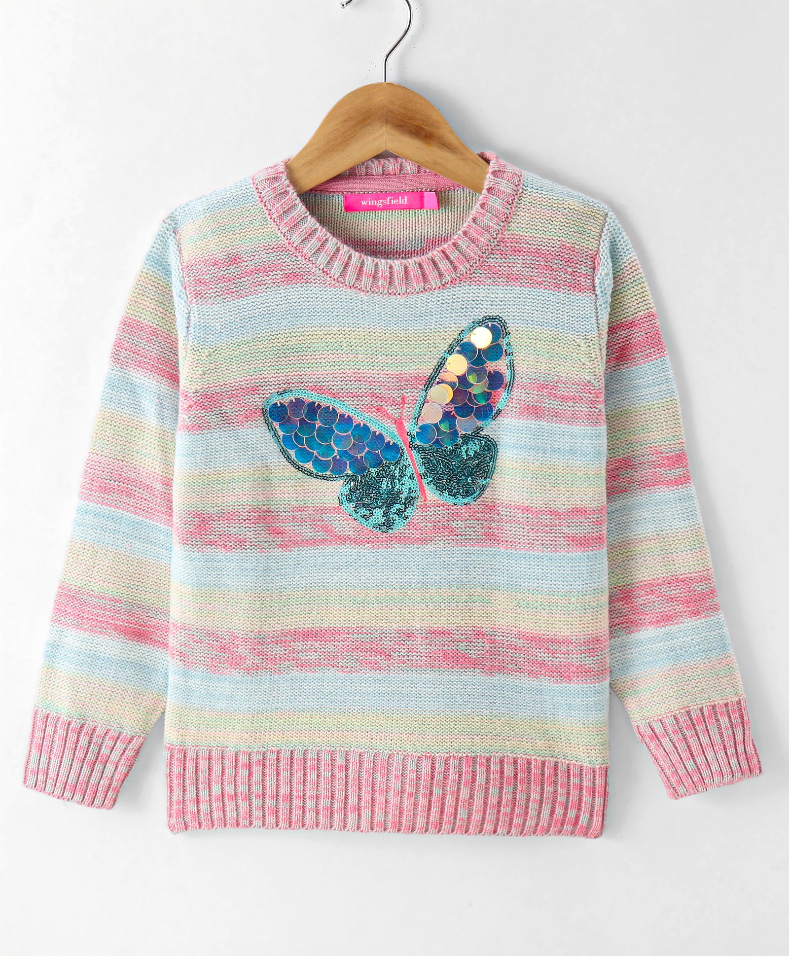 Wingsfield Full Sleeves ButterflySequin Embellished Striped Sweater - Pink-picture-37