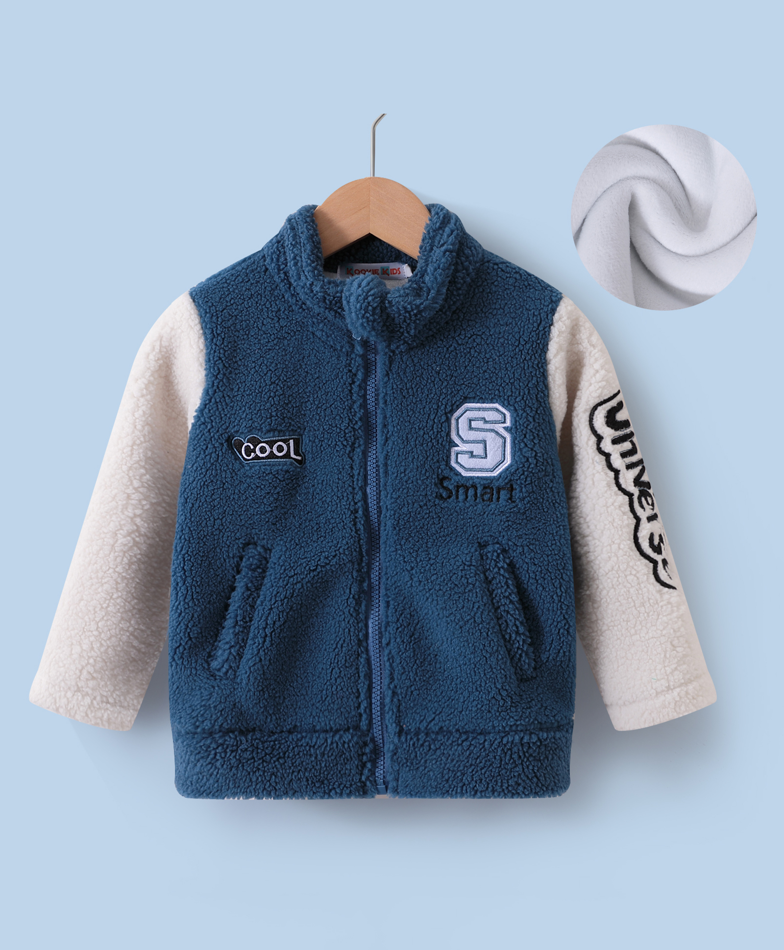 Kookie Kids Full Sleeves Winter Fur Jacket With Text Patch - Blue-image-25