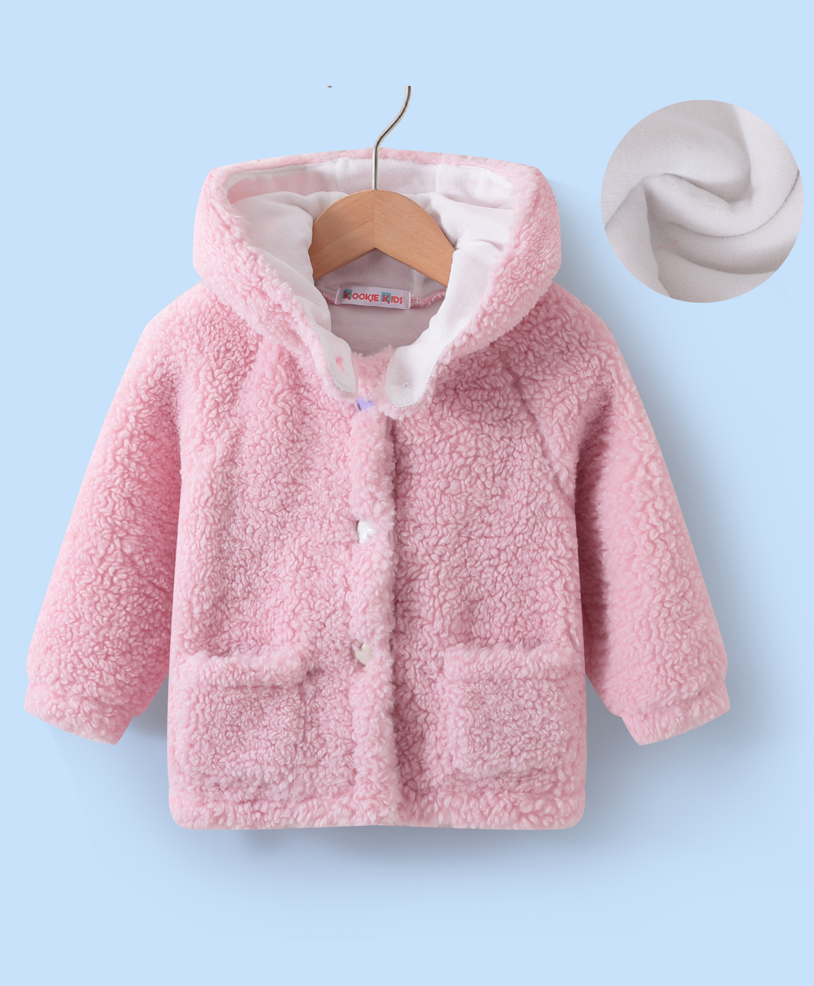 Kookie Kids Full Raglan Sleeves Hooded Fur Winter Jacket with Pockets Detailing - Pink-picture-16