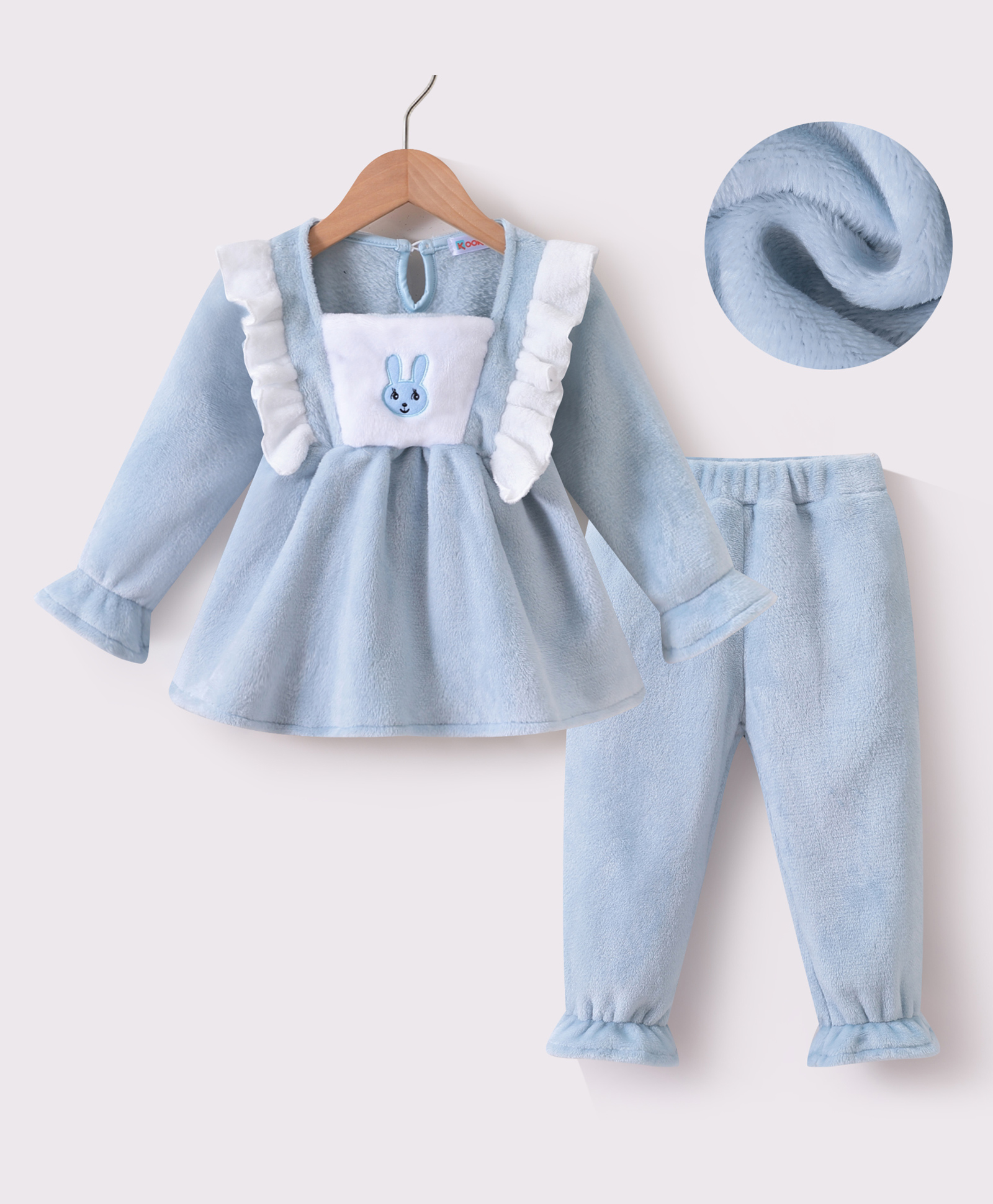 Kookie Kids Full Sleeves Winter Wear Night Suit with Bunny Embroidery & Lace Detailing- Light Blue-image-43
