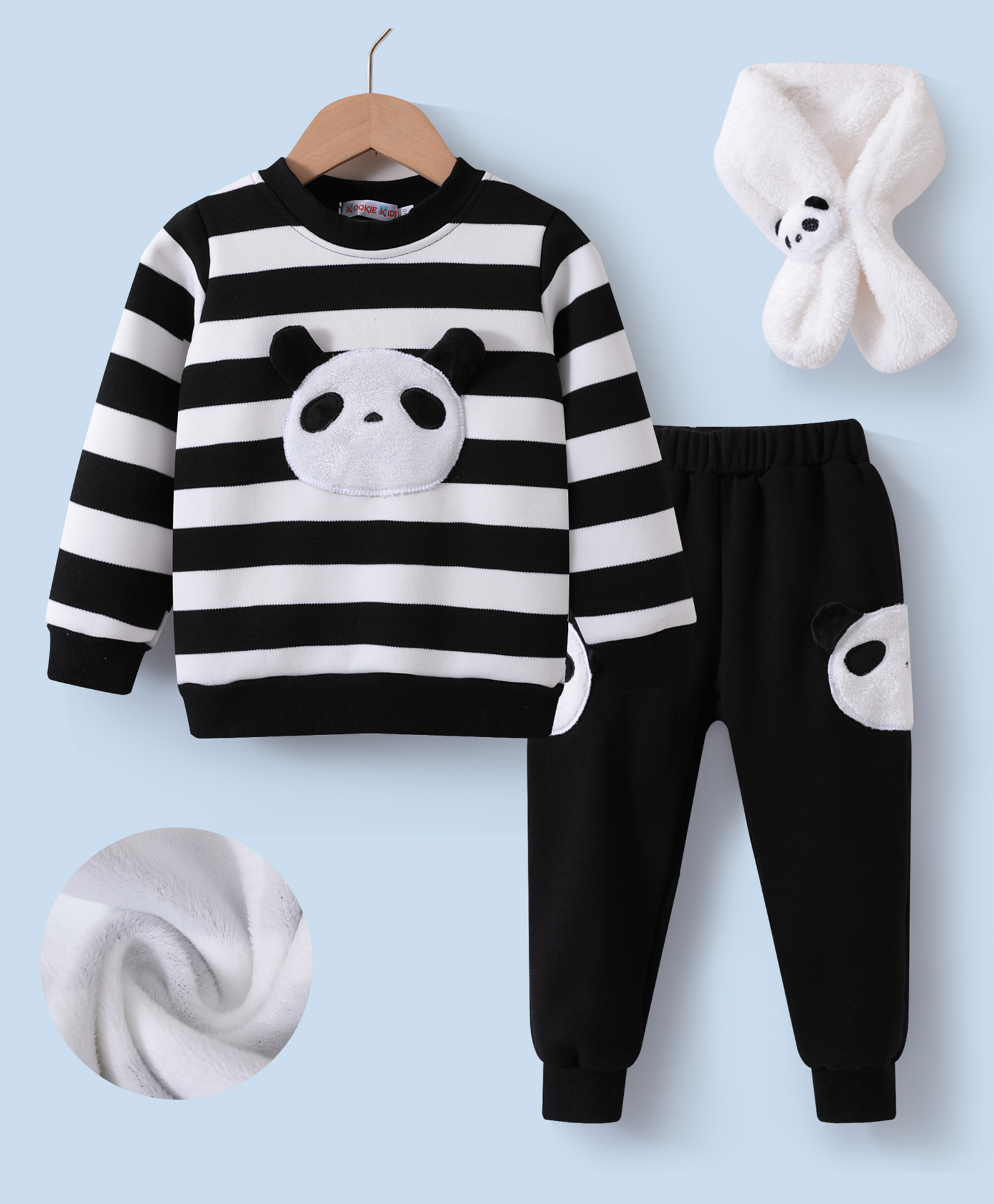 Kookie Kids Full Sleeves Striped Winter Wear T-Shirt & Lounge Pant Set with Panda Patch - Black-picture-28