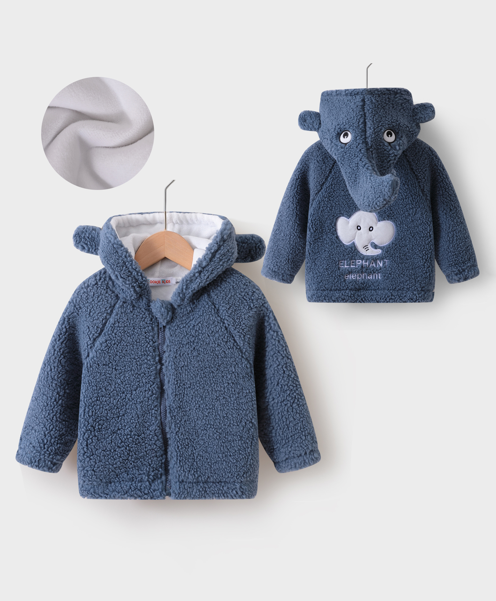 Kookie Kids Full Raglan Sleeves Solid Color Hooded Fur Jacket with Elephant Applique - Navy Blue-image-31