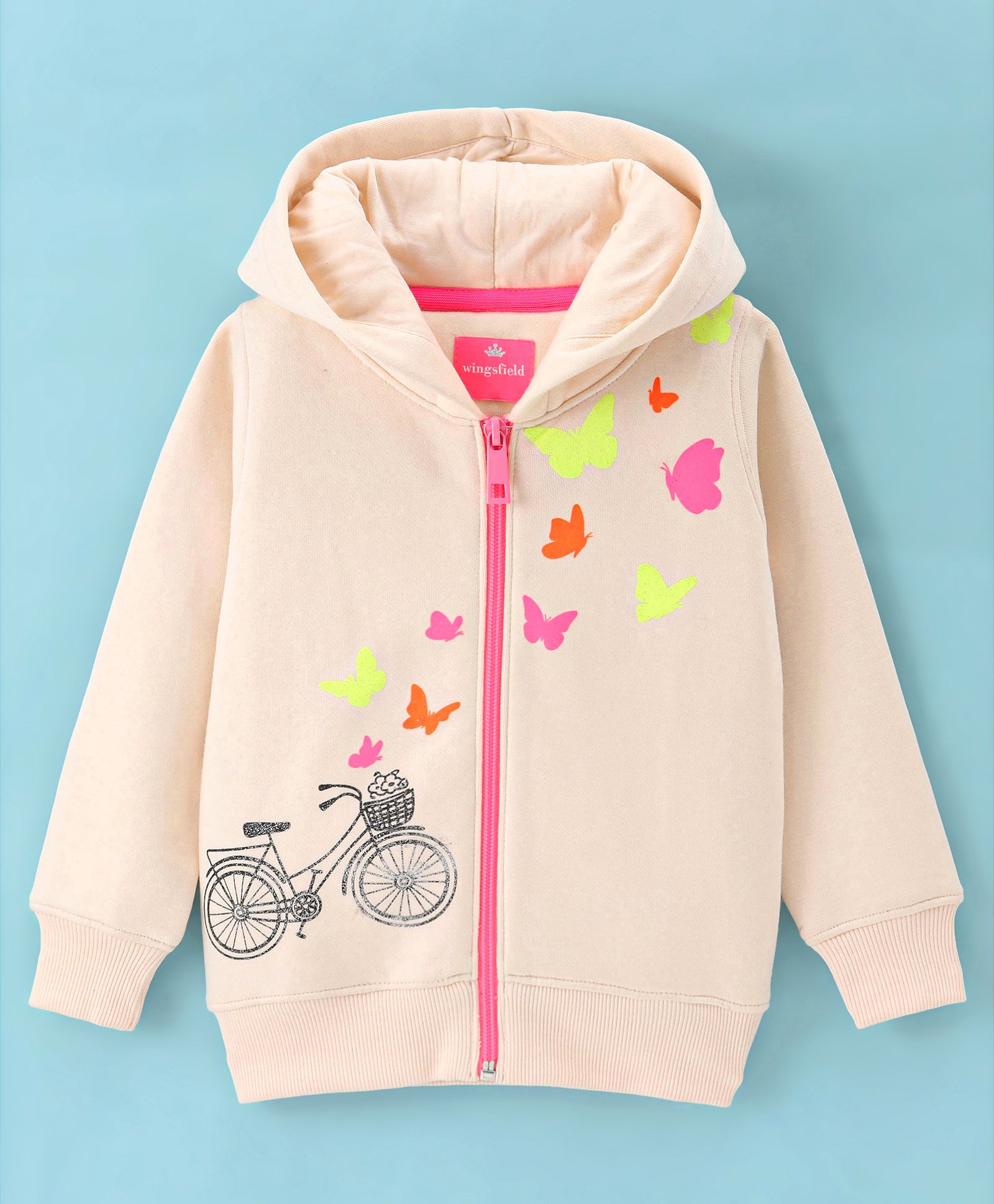 Wingsfield Full Sleeves Butterfly Printed Hooded Sweatshirt - Cream-image-4