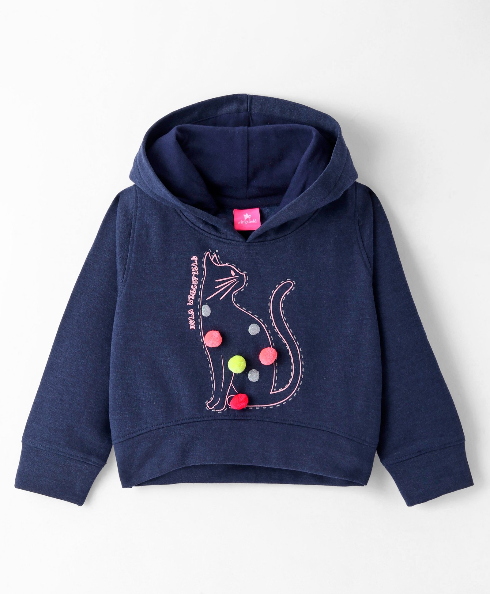 Wingsfield Full Sleeves Pom Pom Embellished Cat Printed Hooded Sweatshirt - Blue-image-42