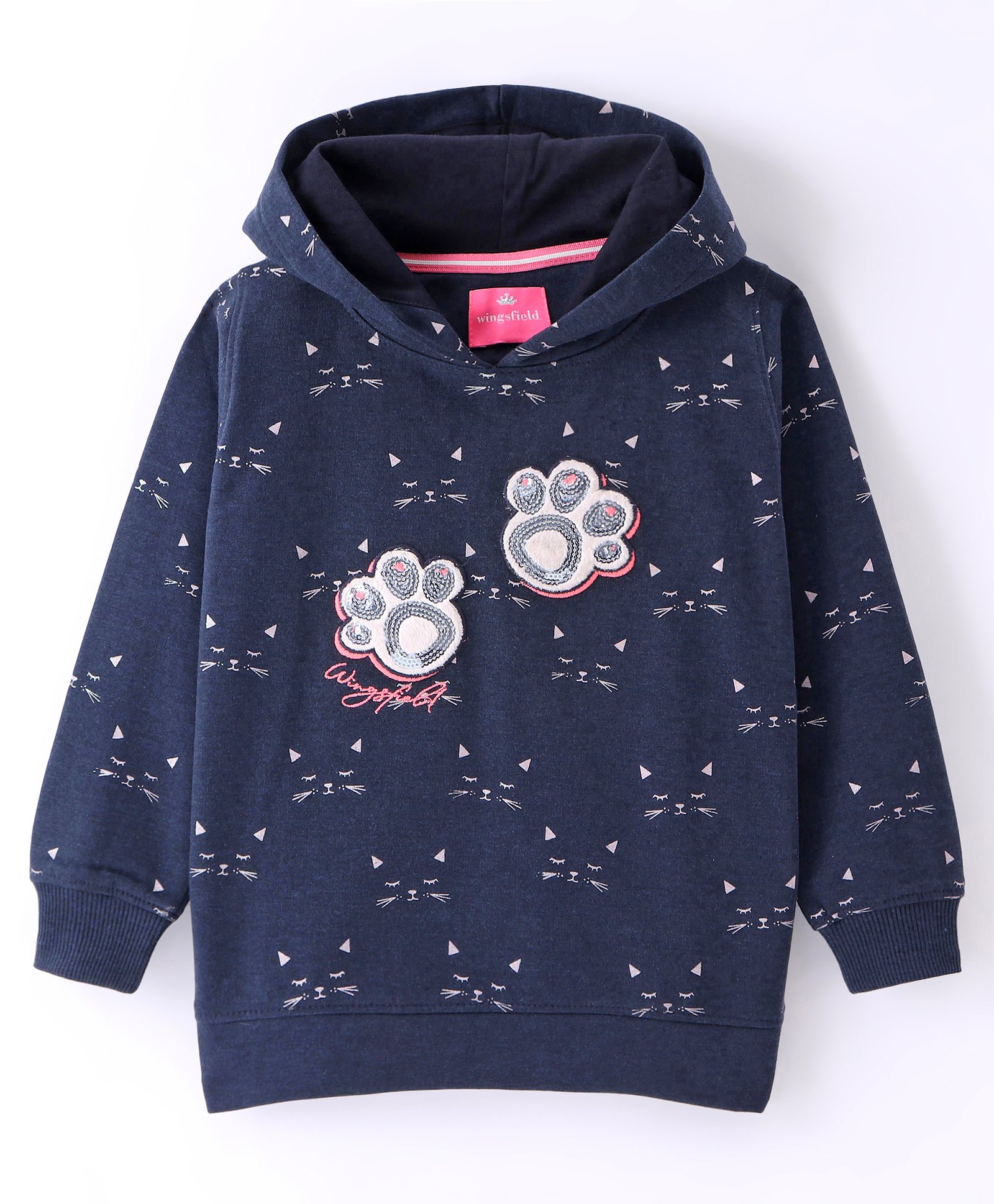 Wingsfield Full Sleeves Paw Embroidered & Sequin Embellished Hooded Sweatshirt - Blue-image-16