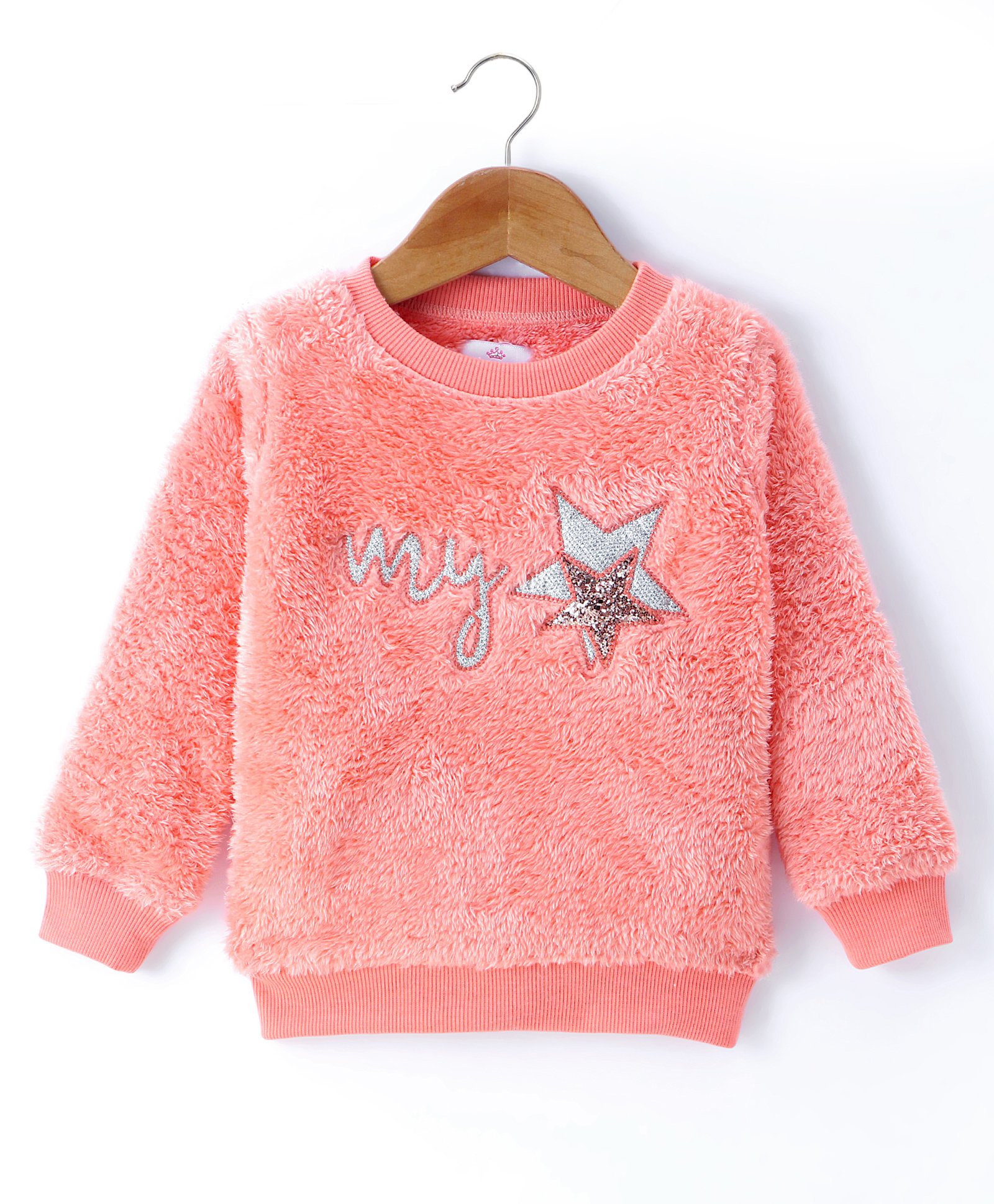 Wingsfield Full Sleeves Typography Embroidered Sequin Star Embellished Sweatshirt - Peach-picture-10