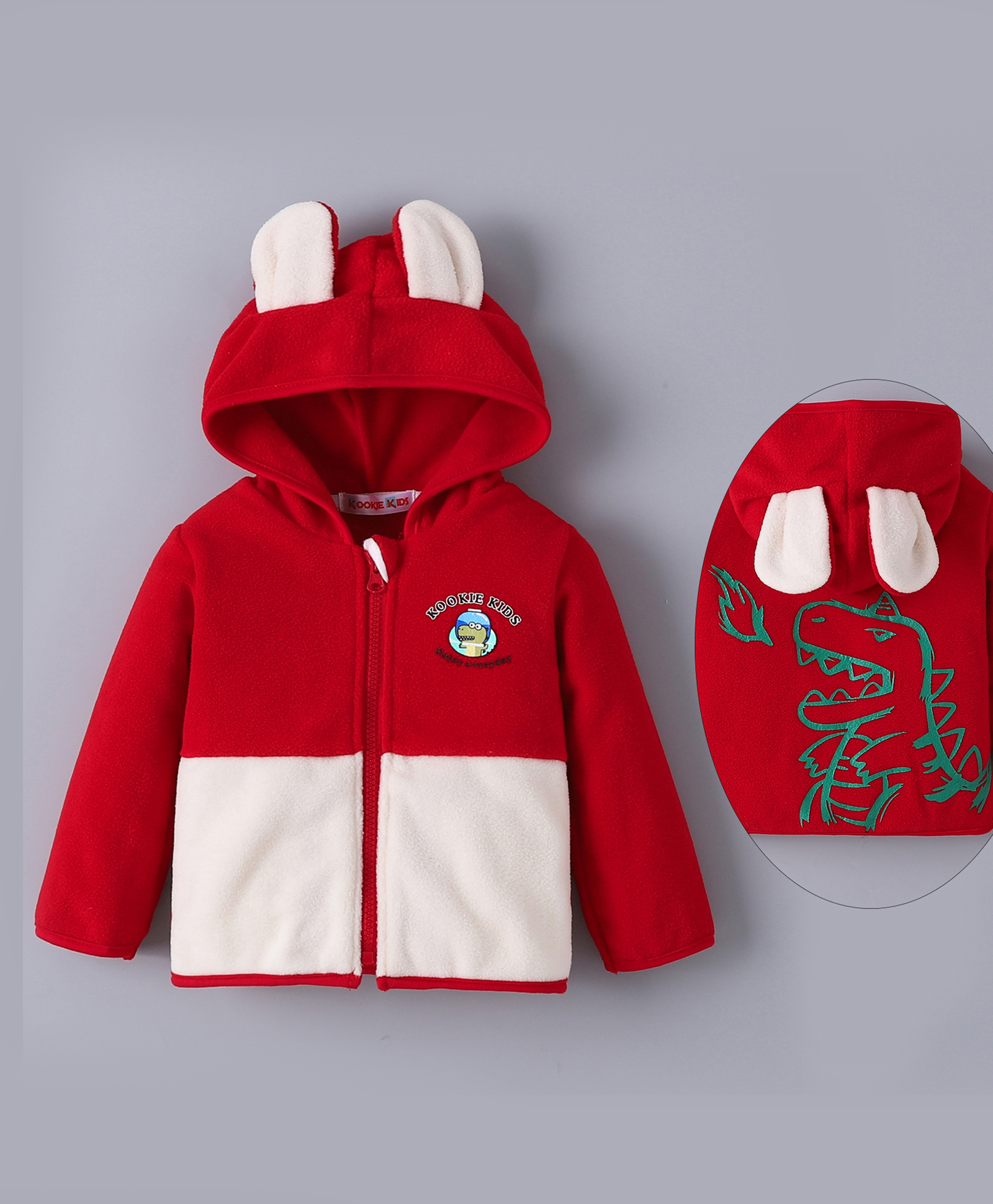 Kookie Kids Full Sleeves Dino Printed Hooded Sweat Jacket With Ear Applique - Red-image-38