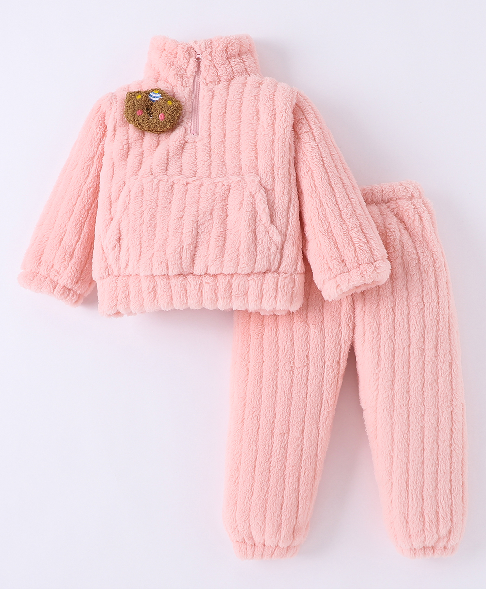 Kookie Kids Full Sleeves Fur Winter Wear T-Shirt & Lounge Pant Set With Applique - Pink-picture-26