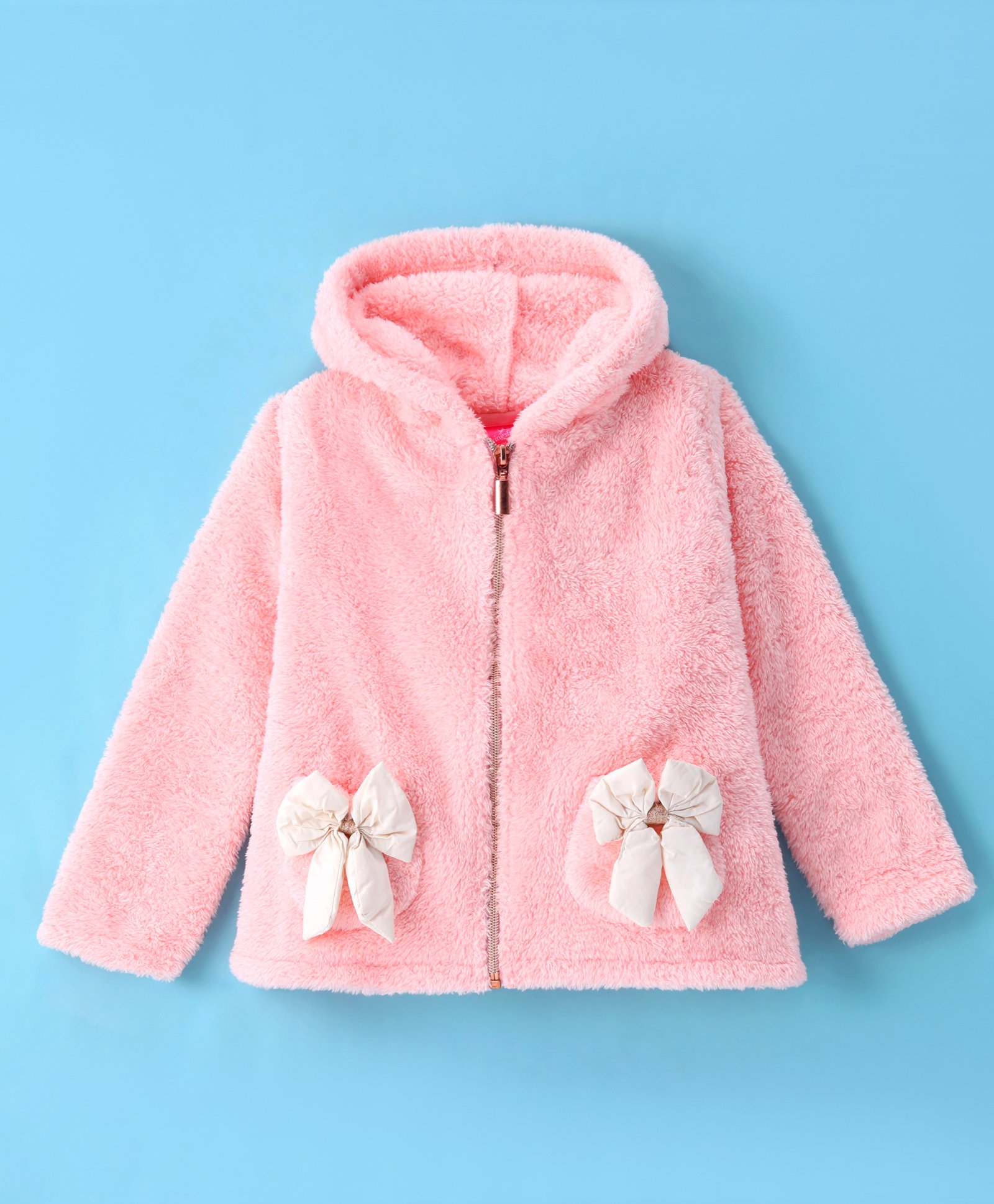 Wingsfield Full Sleeves Pocket Detailed Bow Embellished & Textured Hooded Sweatshirt - Peach-image-6