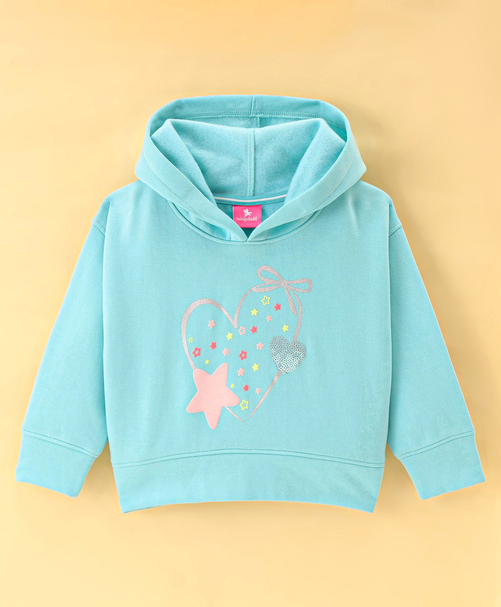 Wingsfield Full Sleeves Hearts Printed & Sequin Embellished Hooded Sweatshirt - Sea Green-image-5
