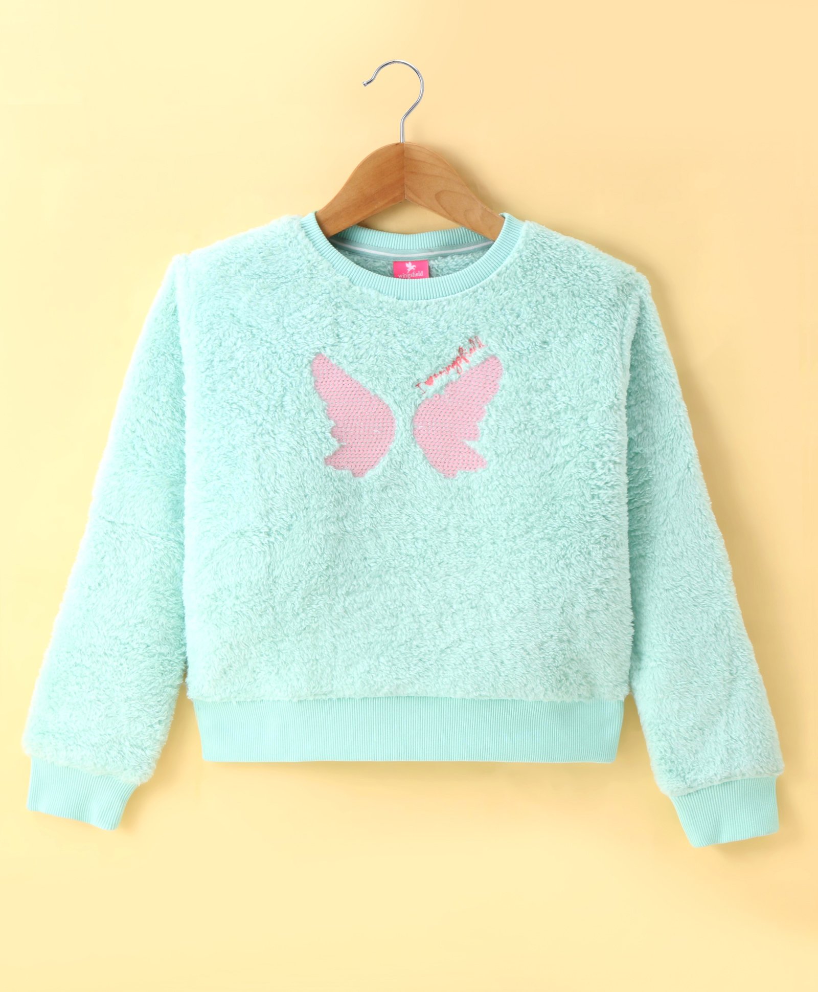 Wingsfield Full Sleeves Sequin Butterfly Embellished Textured Sweatshirt - Sea Green-image-43